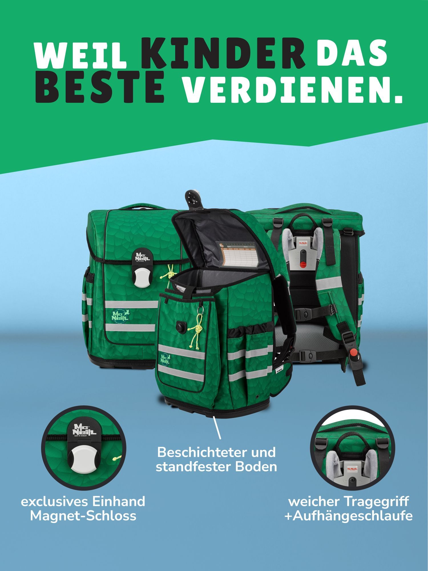 McNeill Schulranzen Ergo Complete Schulranzen Dino Drache grün Schultasche 1. Klasse (Set, 6-tlg., inkl. Federmäppchen, Turnbeutel, Schlamper und Motivmagnet), ergonomisch, in der Höhe verstellbar, mit Brustgurt & Hüftgurt