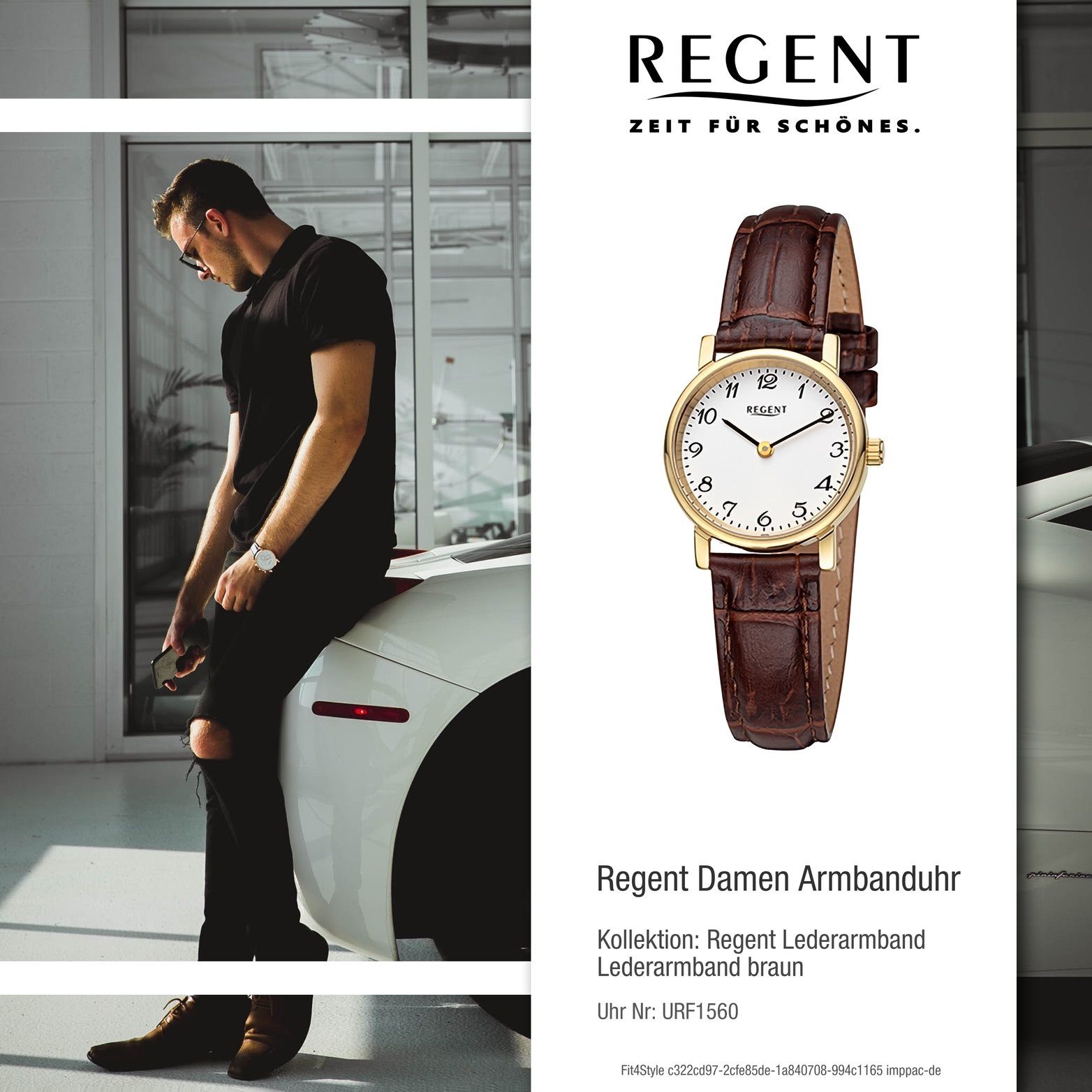 Regent Quarzuhr groß Lederarmband Gehäuse, Damen braun, Analog, Armbanduhr (ca. Damenuhr 26,5mm) extra rundes Regent