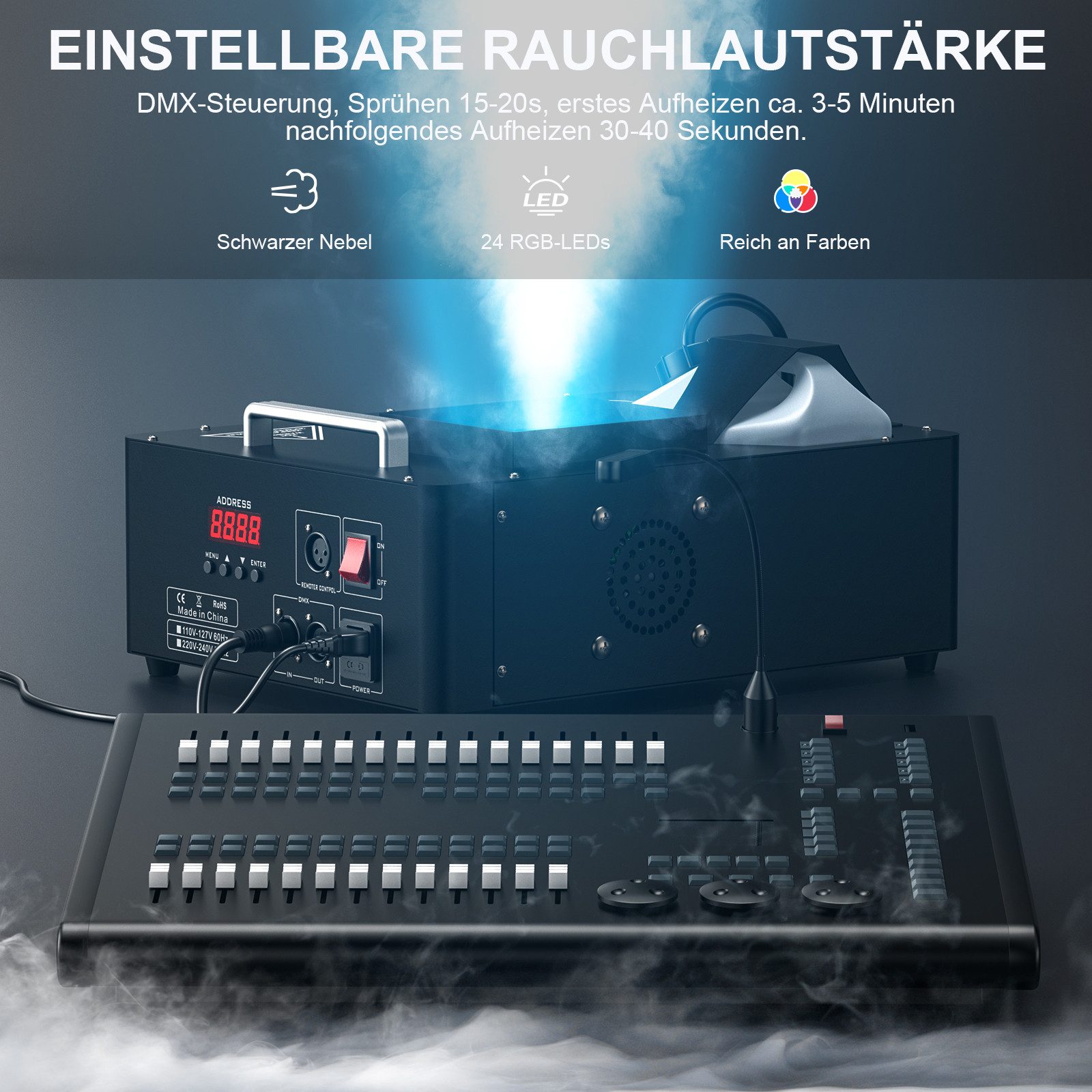 ZonQoonz Discolicht 1800-W-Nebelmaschine mit 24 RGB-LED-Leuchten und Fernbedienung