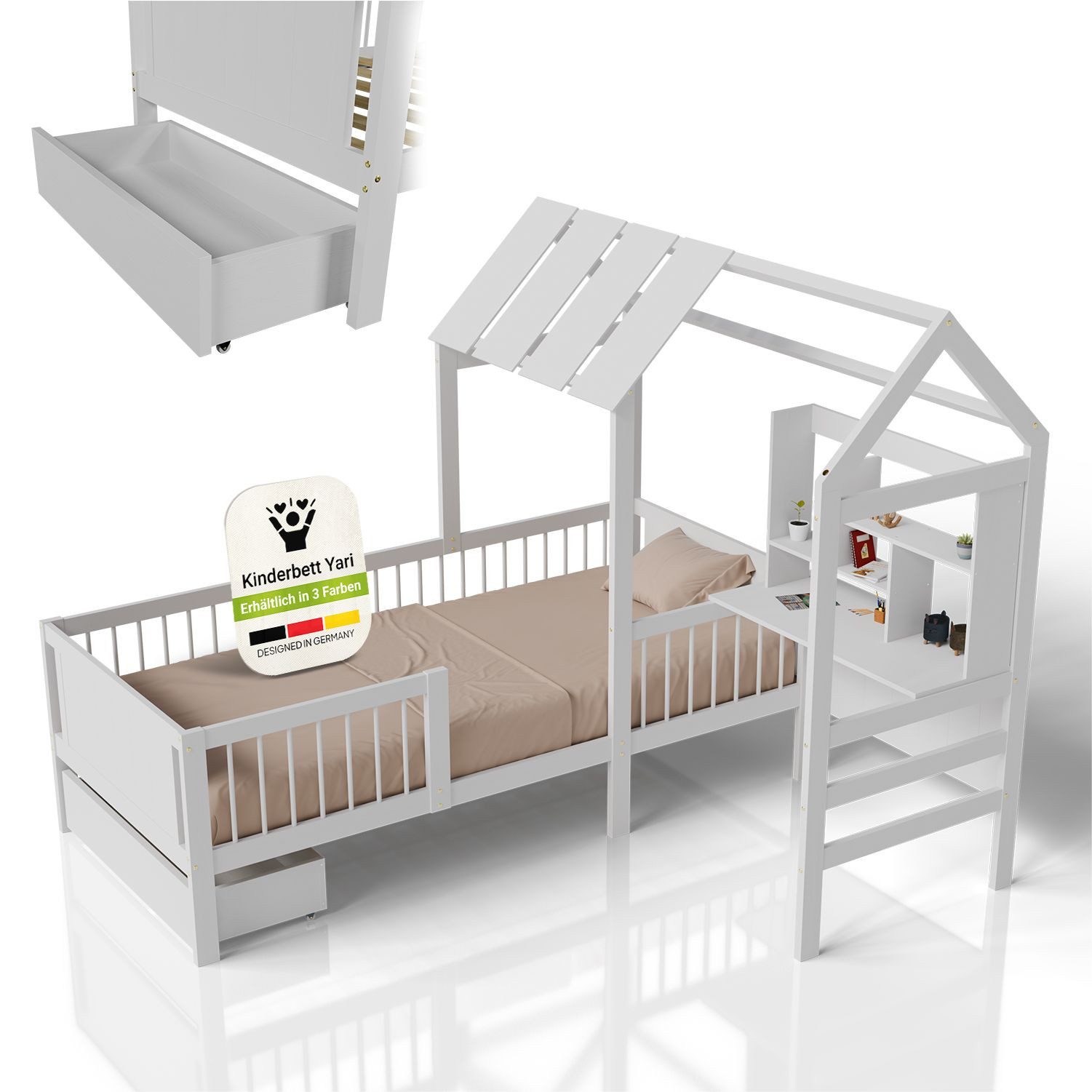 Juskys Kinderbett Yari, 90x200 cm, Hausoptik, Schreibtisch, 3 - 10 Jahre, Holz