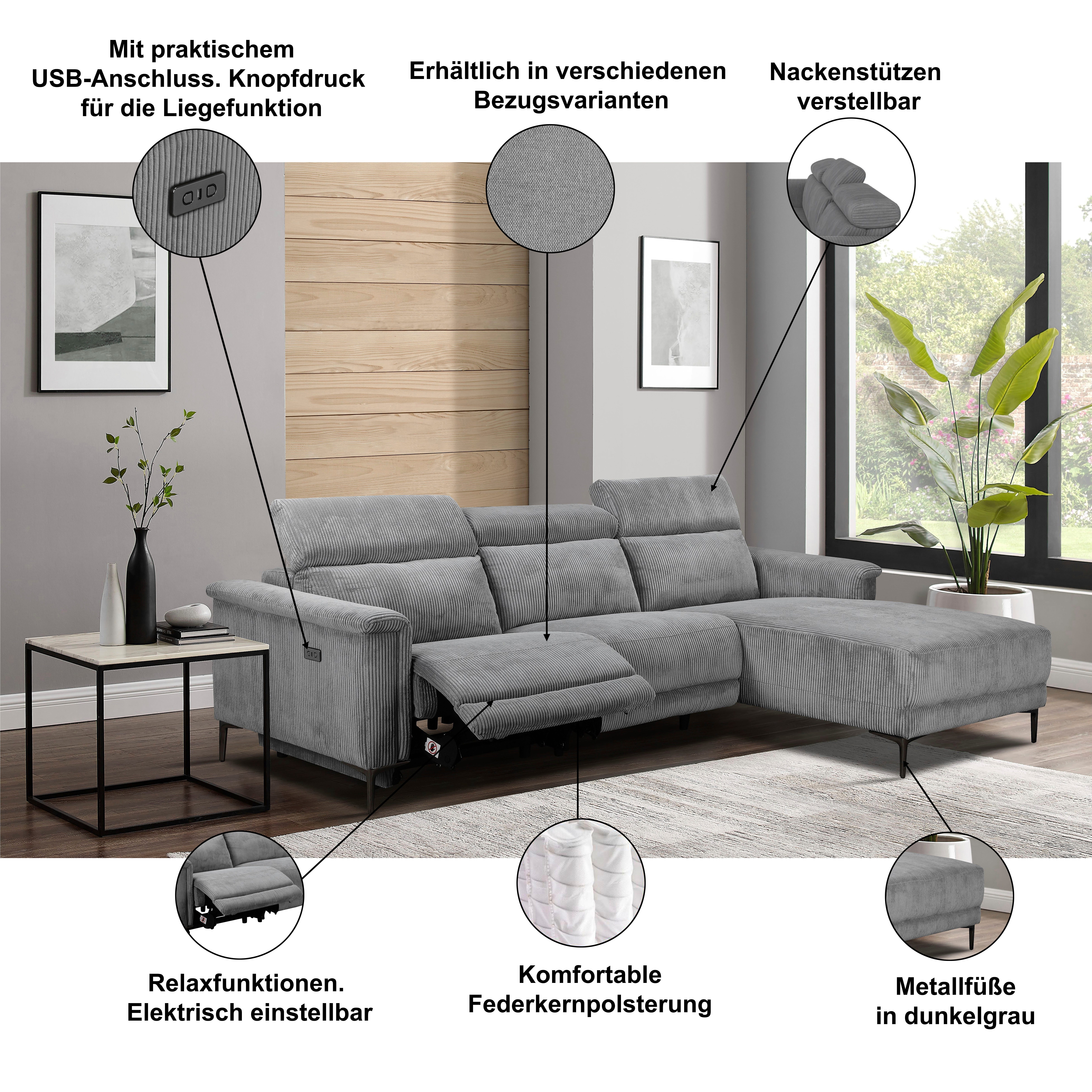 OTTO home Ecksofa LUND Cord, L-Form, 261 cm, man. o. elektr. Relaxfunktion (mit USB-A), USB-C bei elektrischer Variante und Kopfteilverstellung