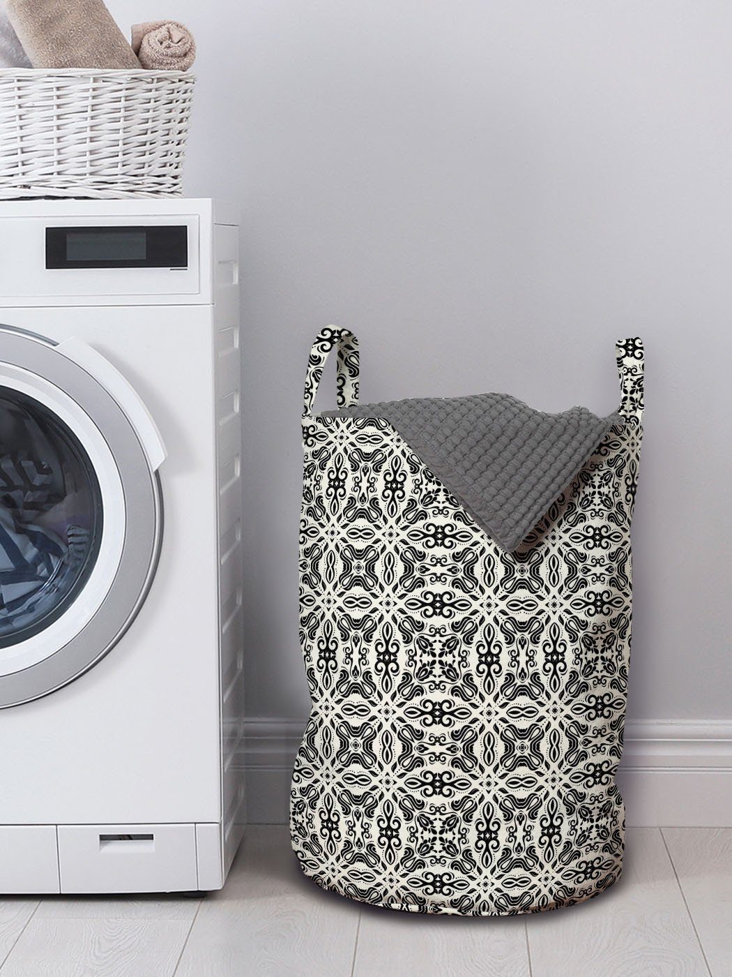 Abakuhaus Wäschesäckchen Wäschekorb mit Waschsalons, Abstract Monochrom Griffen Floral für marokkanisch Kordelzugverschluss