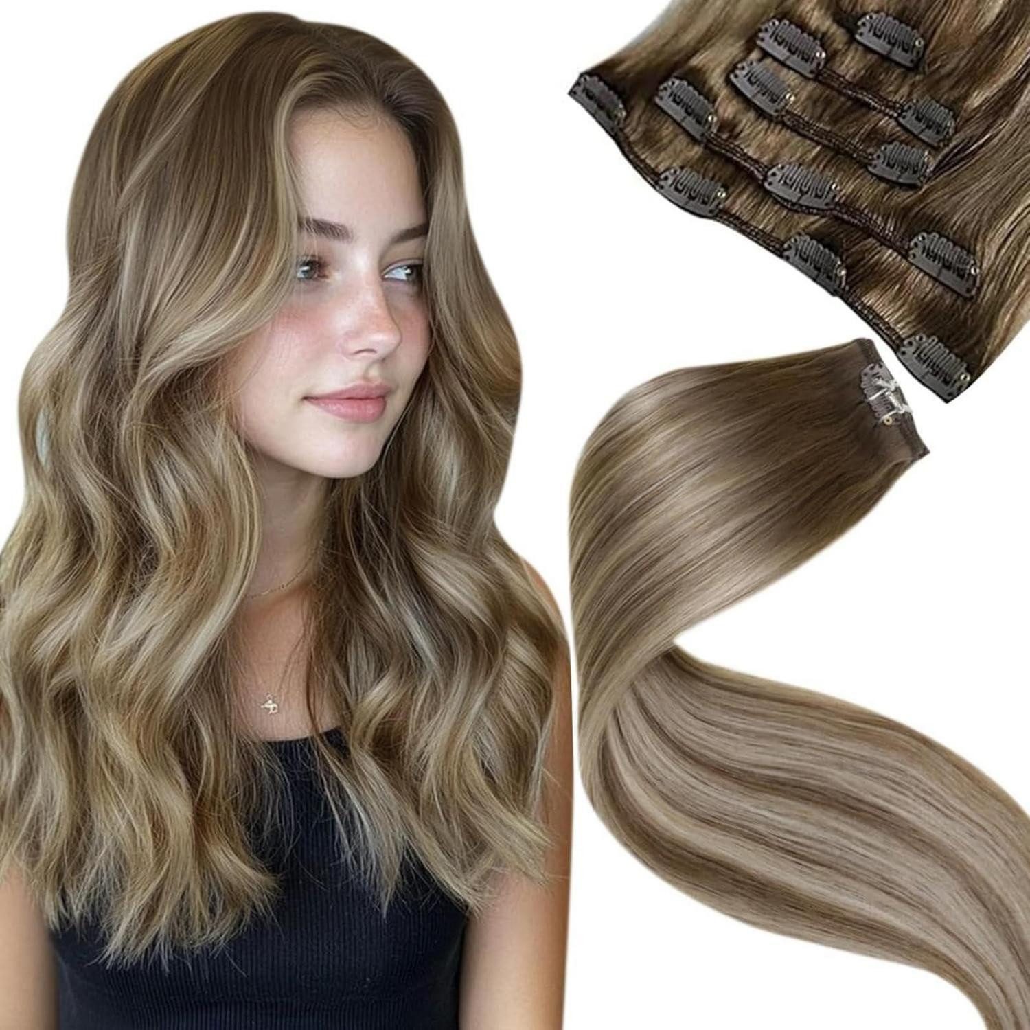 LuxusKollektion Echthaar-Extension Clip in Extensions Echthaar Balayage Blond Ombre 40cm-5PCS 2.5#8 60 8