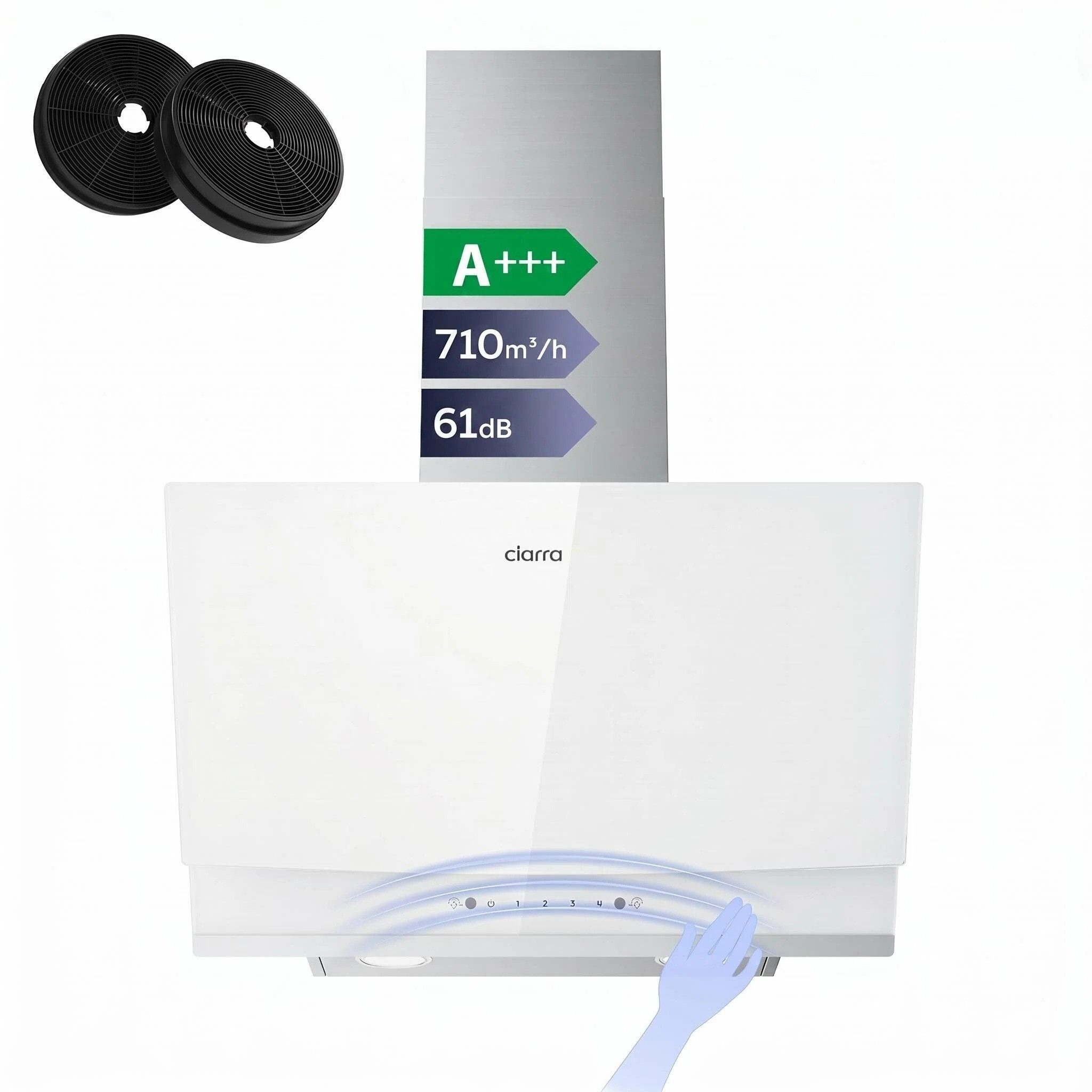CIARRA Kopffreihaube 60 cm Dunstabzugshaube A+++ 710 m³/h starke Saugleistung CBCW6736A 60 cm Dunstabzugshaube A+++ 710 m³/h starke Saugleistung CBCW6736A, Gestensteuerung & Touch Control, Schräge Wandhaube Umluft & Abluft