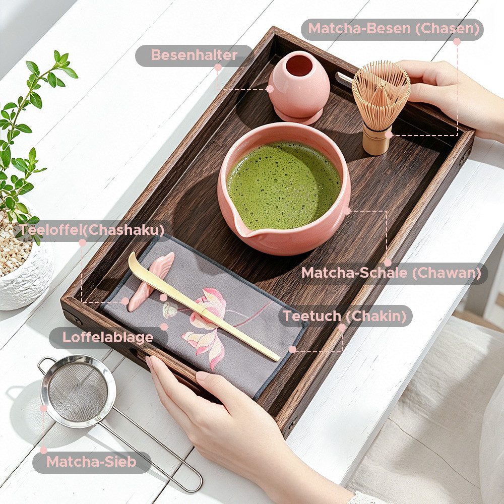 Maestri House Teeservice Japanisches Matcha Zubehör Set Matcha Besen Set Geschenkset 7-Teilig, Bambus, 510ml Schale, Bambus-Chasen, Haltern, Sieb, Löffel und Tuch erhalten