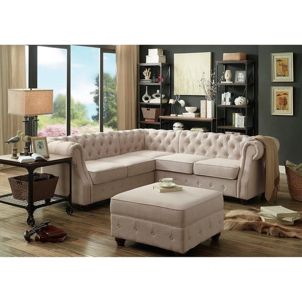 JVmoebel Chesterfield-Sofa Klassisches Chesterfield Sofa mit Textilpolsterung in Beige/Weiß, Packung, Made in Europa