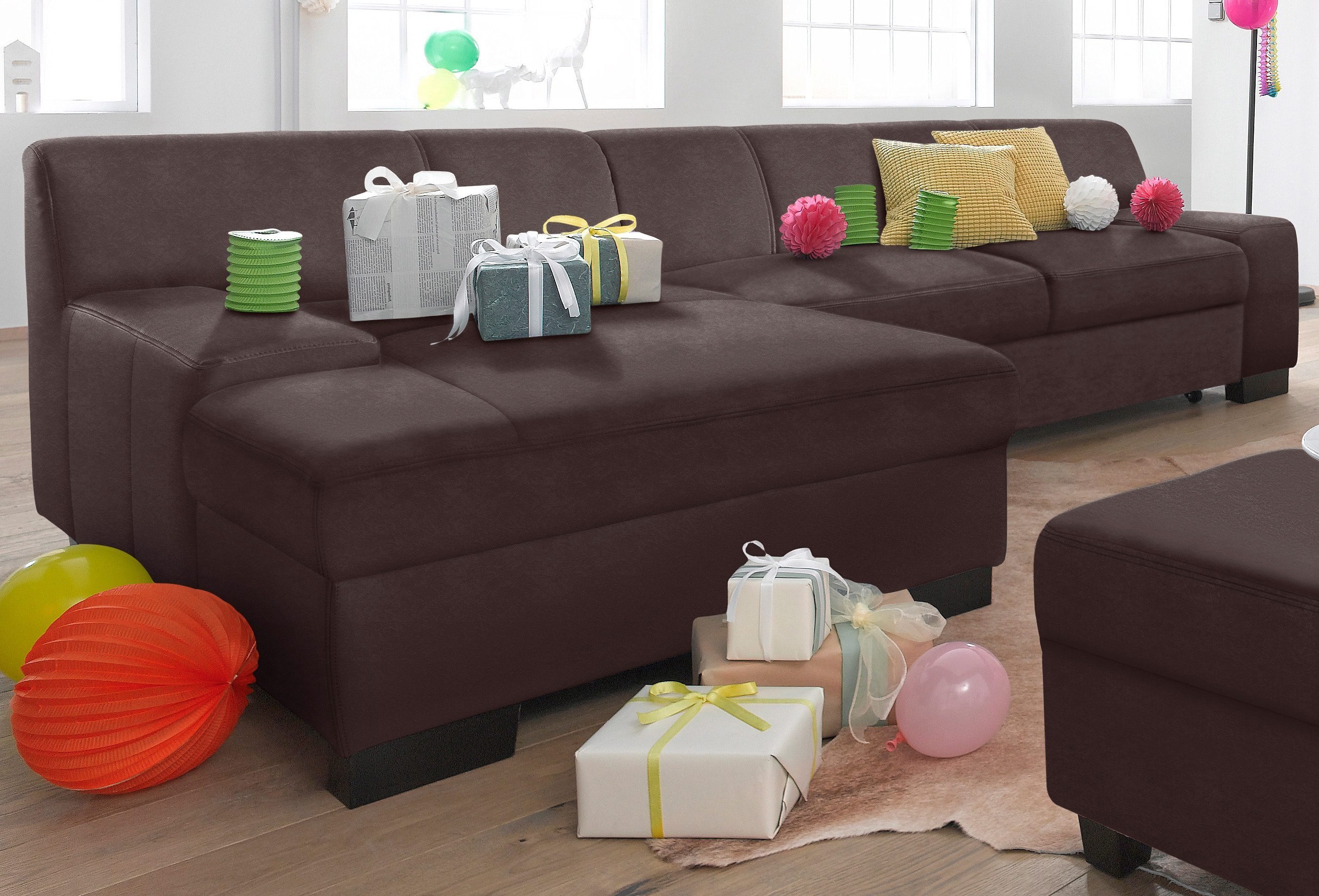 DOMO collection Ecksofa Norma, elegant und modern, mit flachen Armlehnen, L-Form, wahlweise mit Bettfunktion