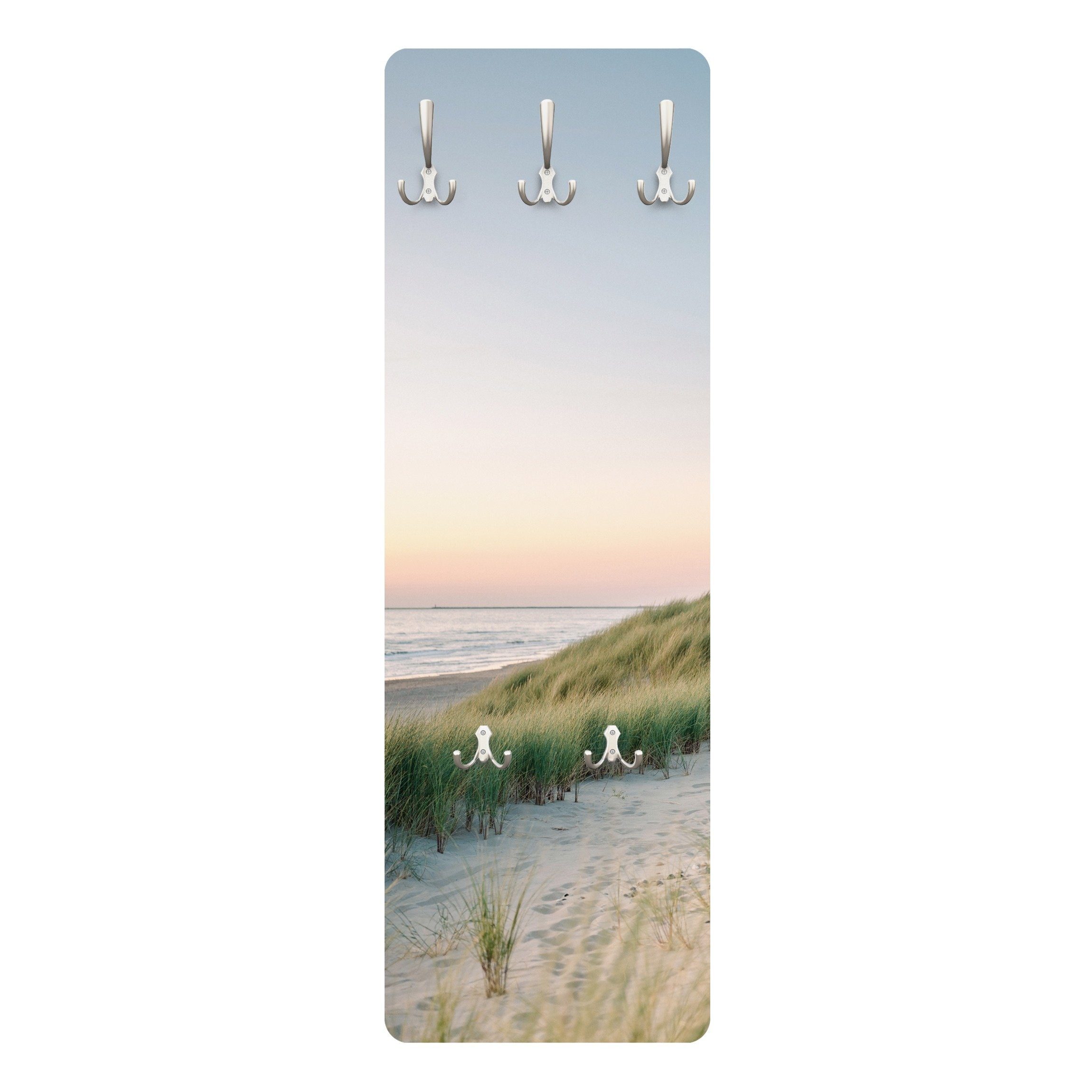 Bilderdepot24 Garderobenpaneel pastell Natur Strand Meer Stranddünen im Sonnenuntergang Design (ausgefallenes Flur Wandpaneel mit Garderobenhaken Kleiderhaken hängend), moderne Wandgarderobe - Flurgarderobe im schmalen Hakenpaneel Design