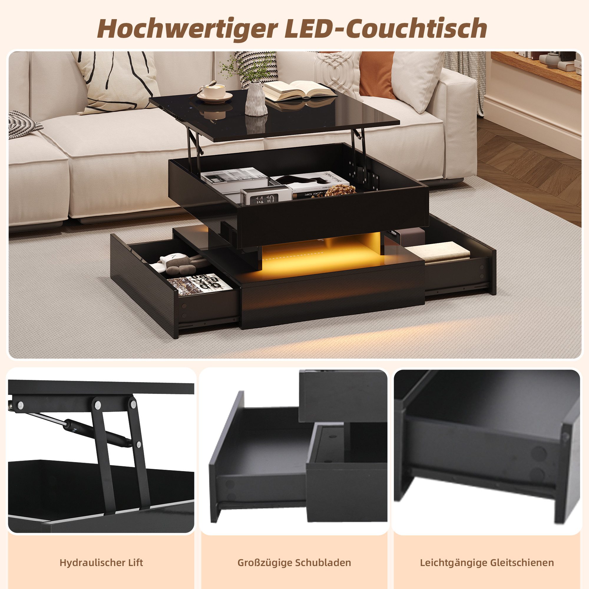 Merax Couchtisch hochglanz Sofatisch anhebbarer Beistelltisch mit LED-Beleuchtung (65 x 65 x 38.5 cm, 1-St., für Wohnzimmer, Homeoffice & kleine Wohnungen), Qua – Bild 5 von 5