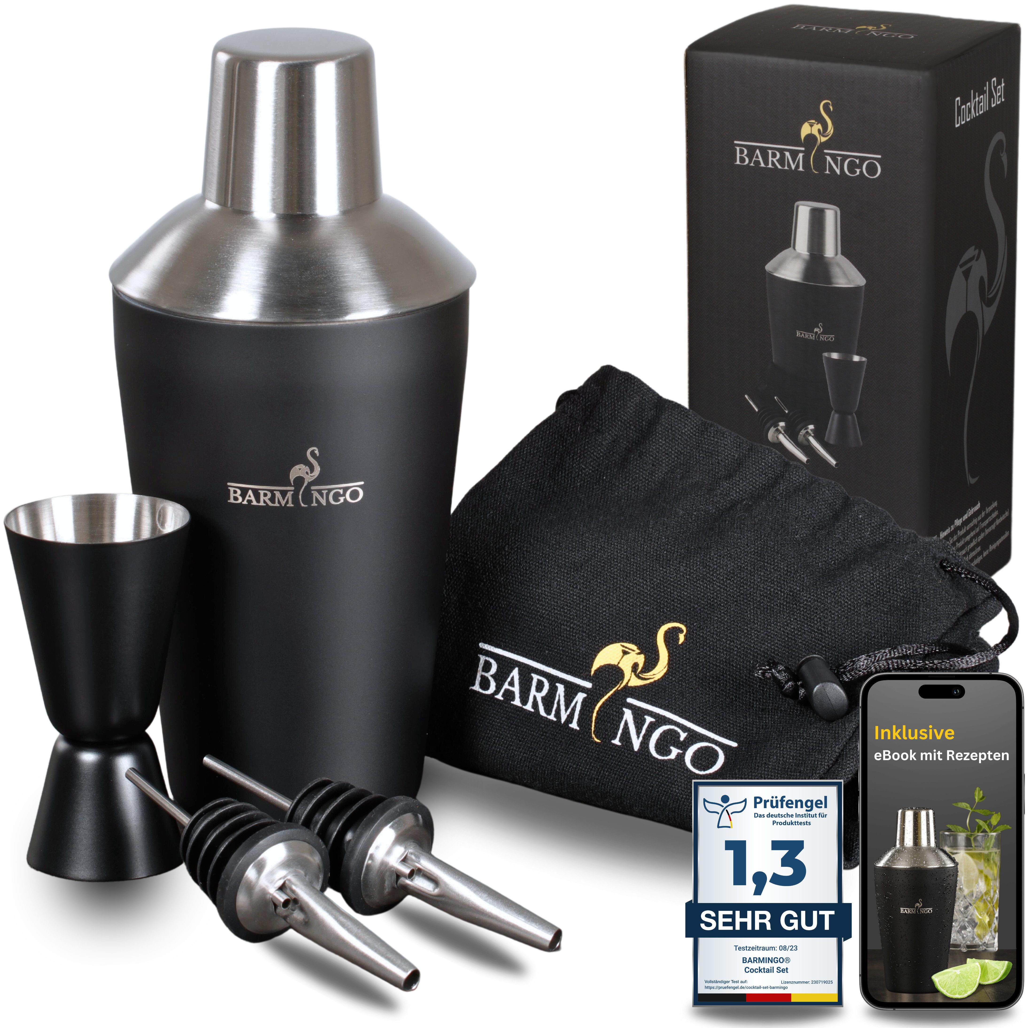 BARMINGO Cocktail-Set Edelstahl Cocktail Shaker Set (700 oder 500ml) mit Bar Zubehör, (Cocktailshaker Set, 5-tlg., für Profis und Anfänger), Cocktail Zubehör mit hochwertiger Beschichtung in stilvollen Farben