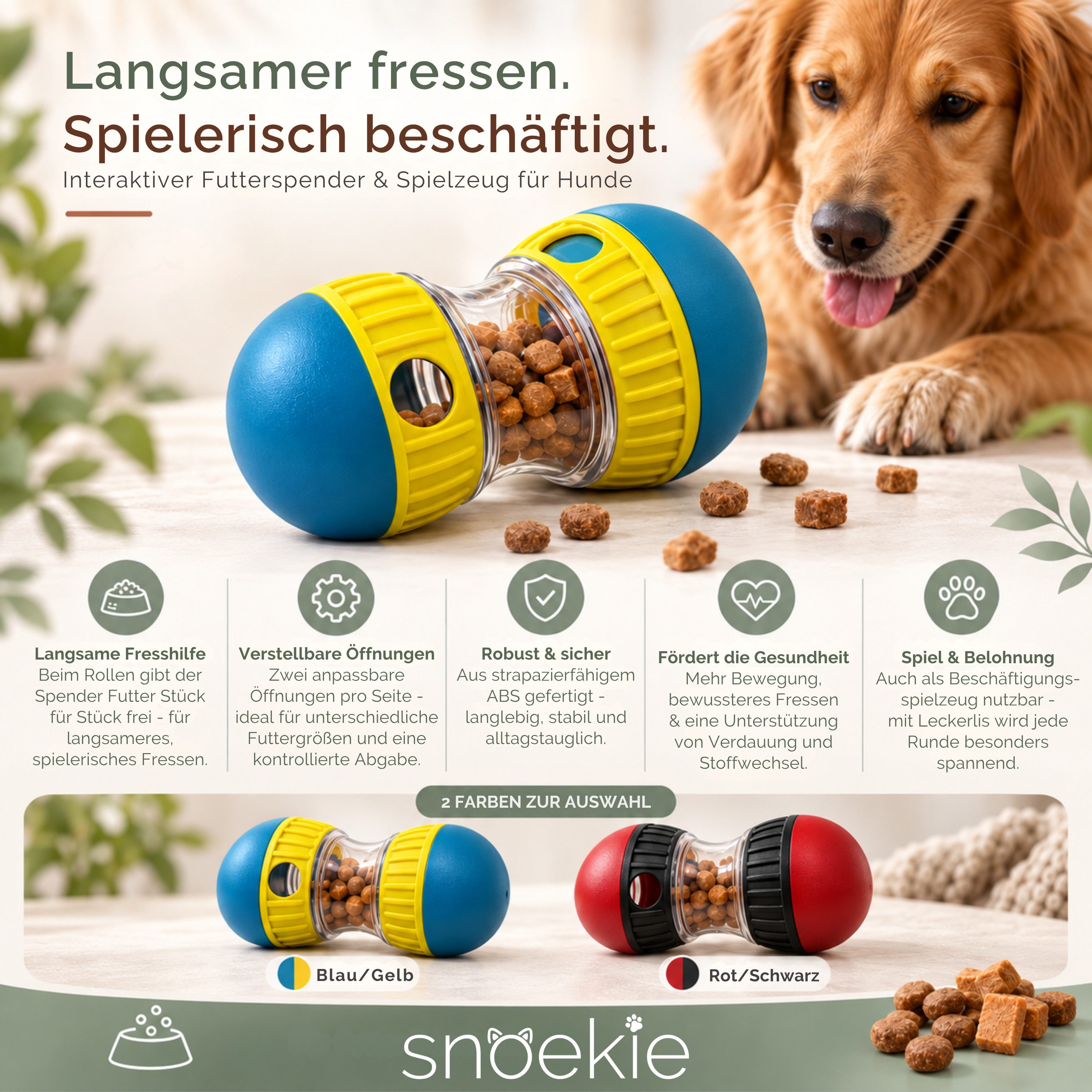 SNOEKIE Tier-Intelligenzspielzeug Snackball für Hunde – Intelligenzspielzeug mit verstellbarer Öffnung