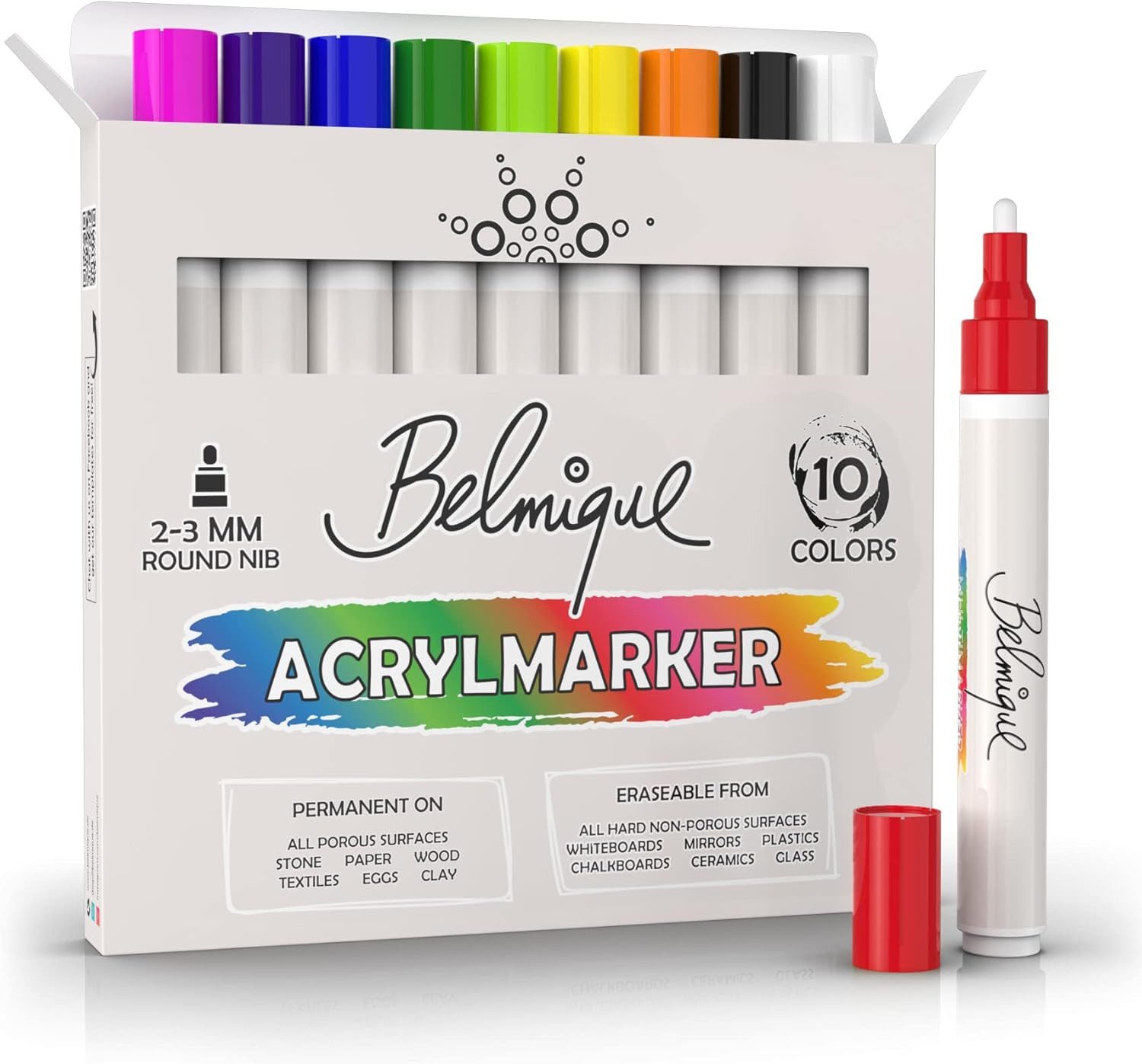 Belmique Marker Acrylmarker 2–3 mm – 10er Set für Stein, Holz & Leinwand, (10-tlg., Bunt), 10 Farben, Deckend & wetterfest, 2–3 mm Spitze