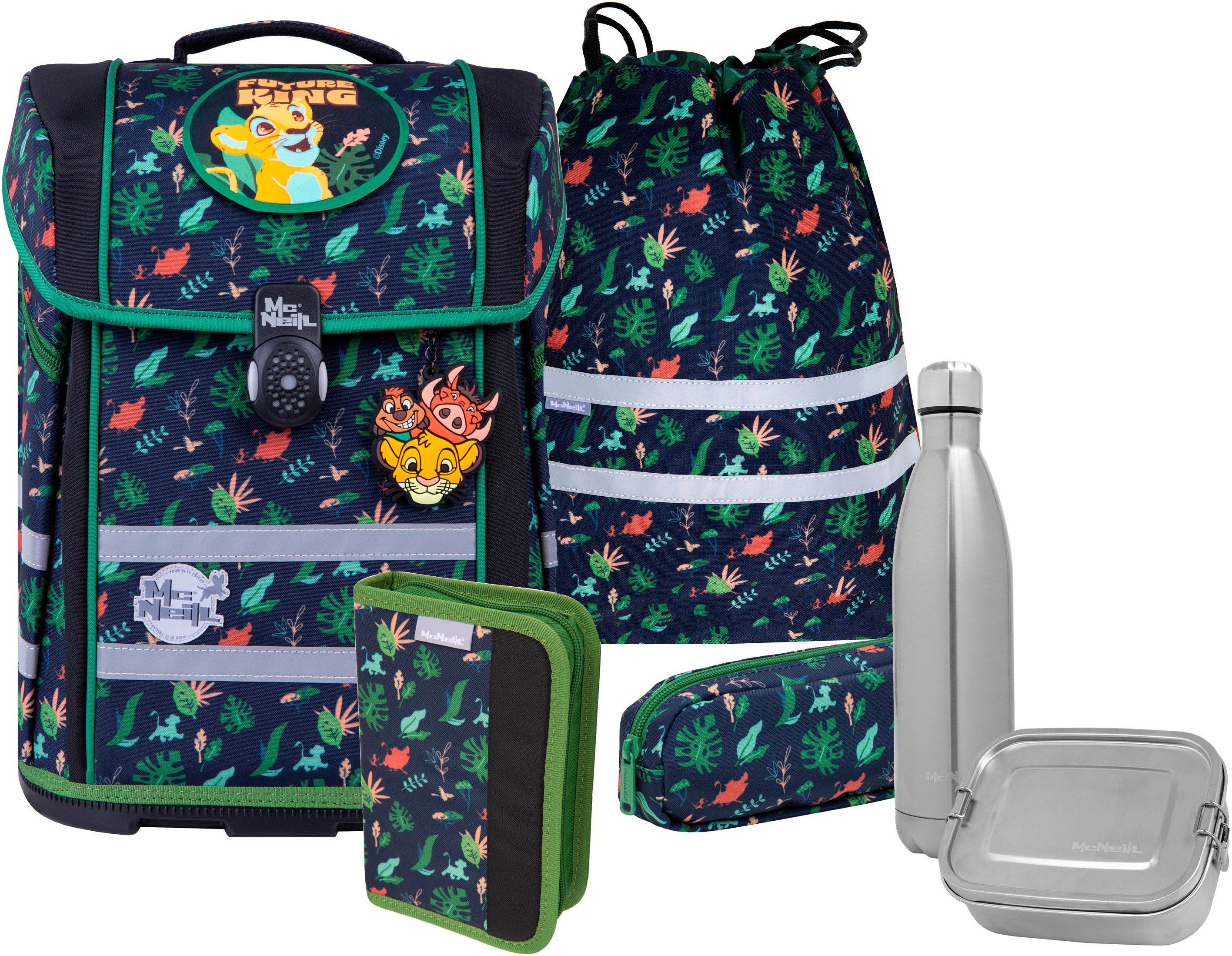 McNeill Schulranzen Perfecto, Lion King (Set, 5-tlg), inkl. Federmäppchen, Turnbeutel, Schlamperrolle & Motivmagnet