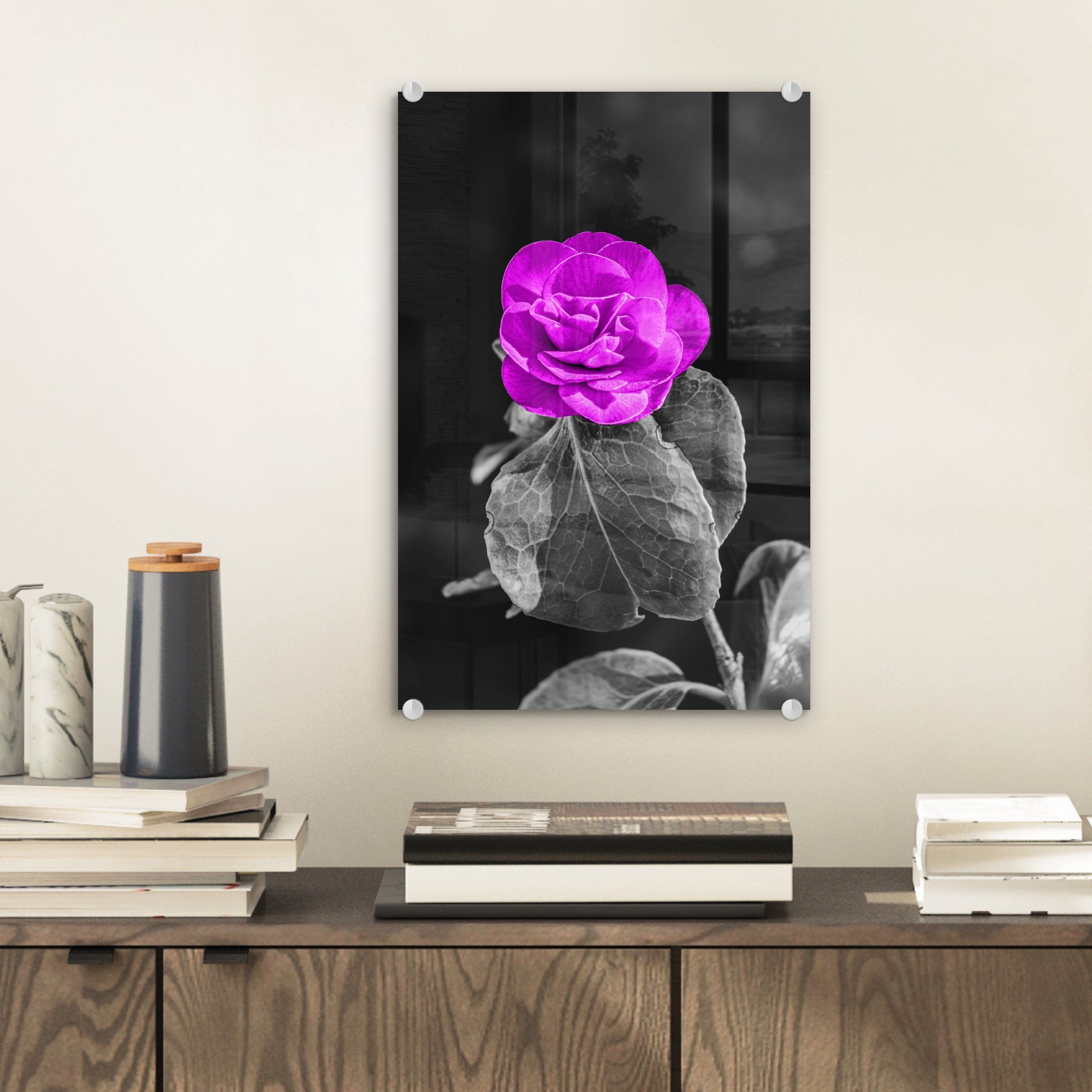 Lila - Wandbild - - Wanddekoration auf Rose - Acrylglasbild bunt Bilder Glasbilder Weiß, Glas Schwarz St), Glas MuchoWow Foto auf - Blumen - (1 -