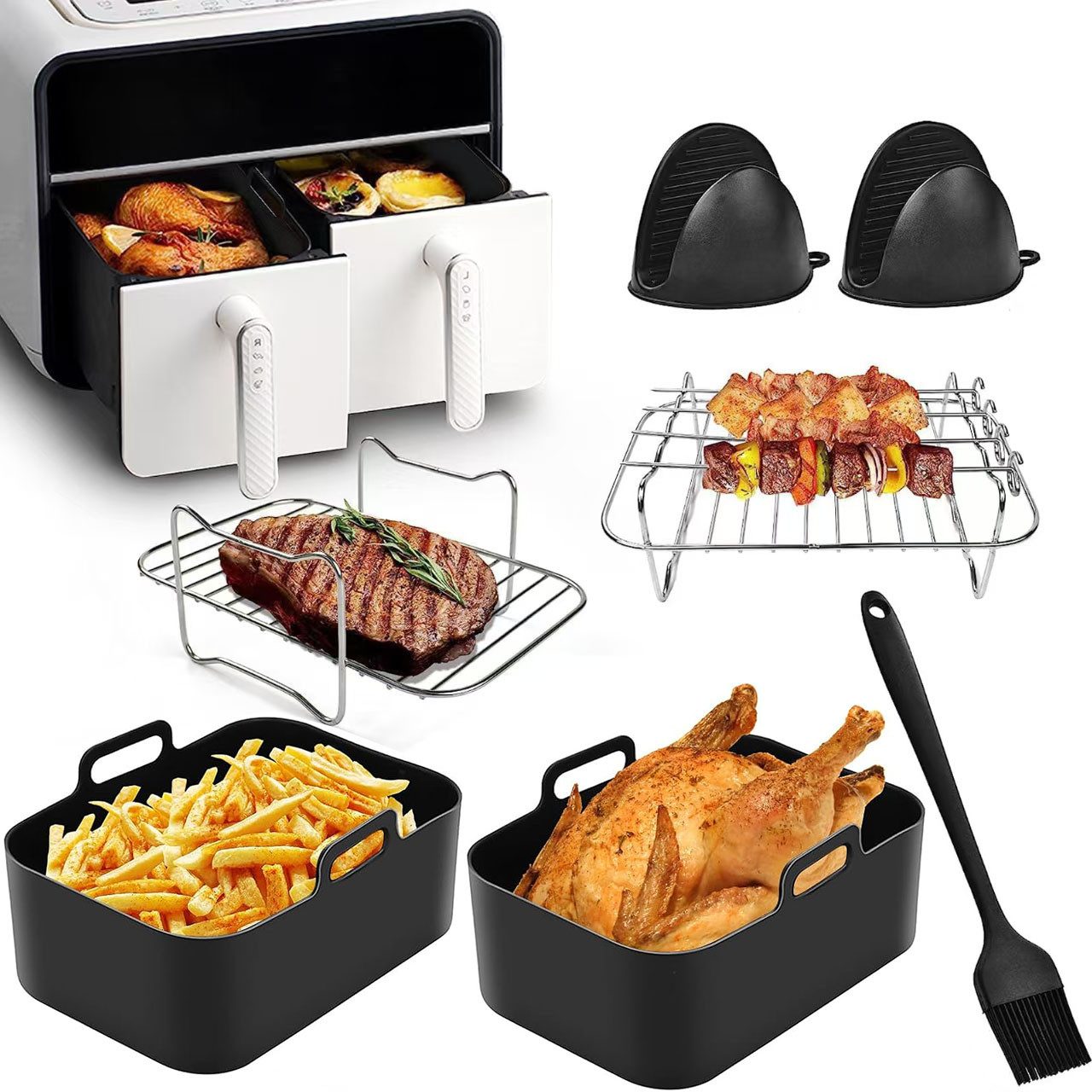 Refined Living Backform Airfryer Zubehör, Heißluftfritteuse Zubehör Set,Silikonformen,BPA-frei, (Heißluftfritteuse Zubehör Set 7-teilig, Edelstahl Rack, Spieße, Fritteusen Set, Dual-Zone Heißluftfritteuse Zubehör, Ideal für Pommes, Hähnchen und mehr,Familien und Partys, Langlebig, Vielseitigkeit, Gesund kochen, Keine Fette, keine Öle, Ninja Airfryer Zubehör 7-tlg), Für Ninja Foodi AF300EU, AF400EU und 7,6L-9,5L Zwei-Zonen-Fritteusen