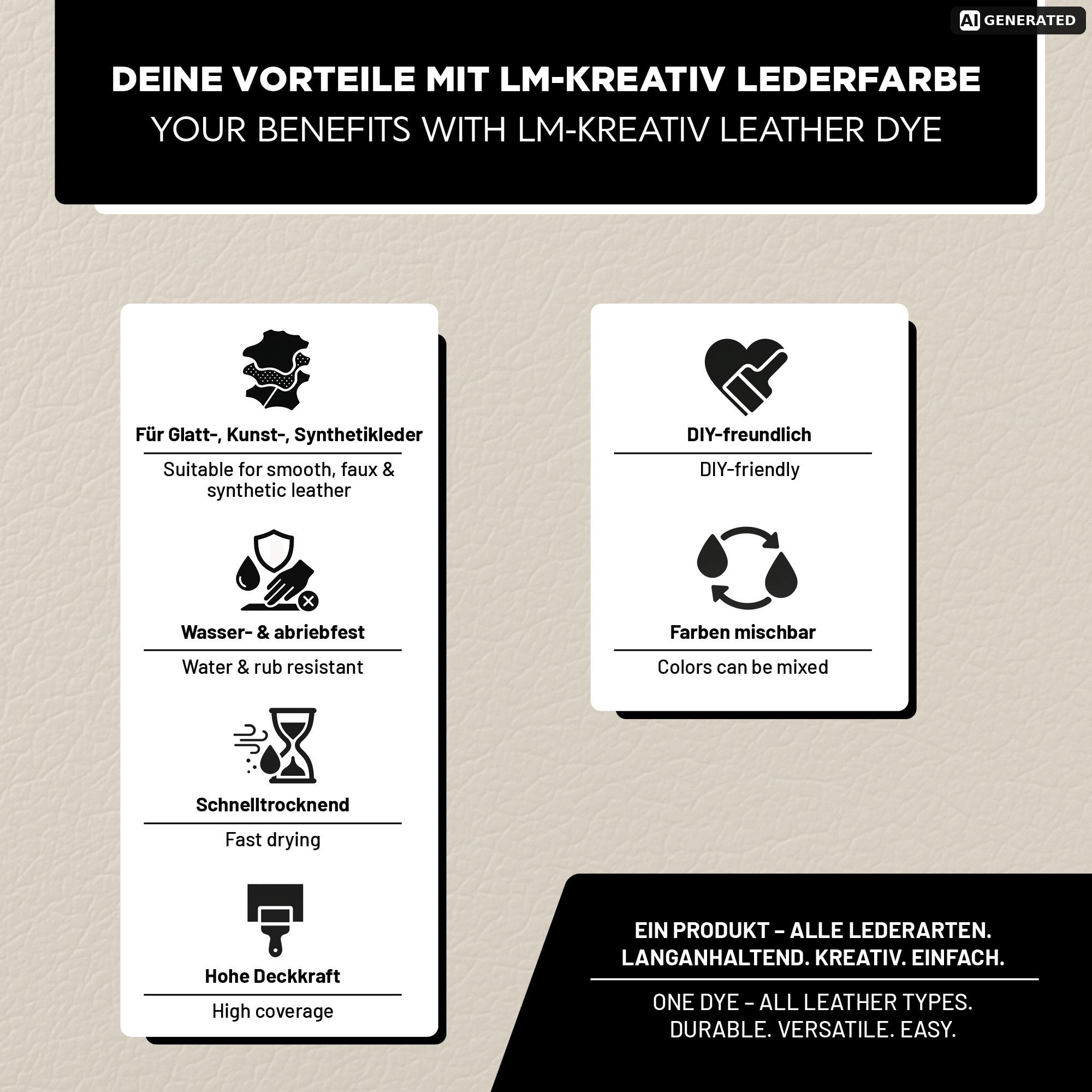 LM-Kreativ Bastelfarbe Lederfarbe zum Färben & Auffrischen von Leder und Kunstleder, für Leder & Kunstleder, hochdeckend, flexibel, wasserbasiert
