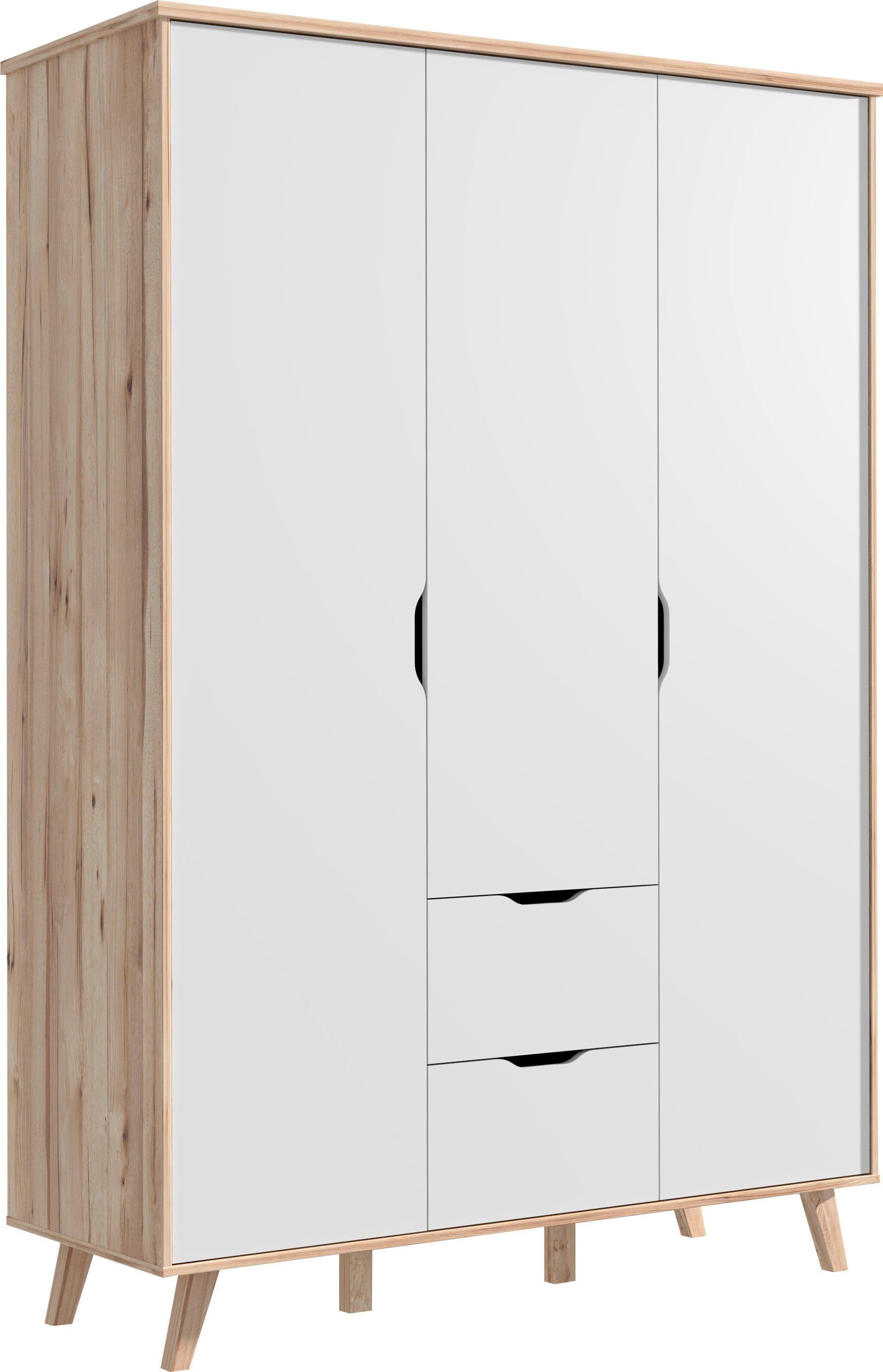 FORTE Drehtürenschrank Vankka skandinavischer-Stil, viel Stauraum, ohne Griffe (B/H/T ca.140x200x52cm) Made in Europe,mit Einlegeböden+Kleiderstange+Schubladen,grifflos