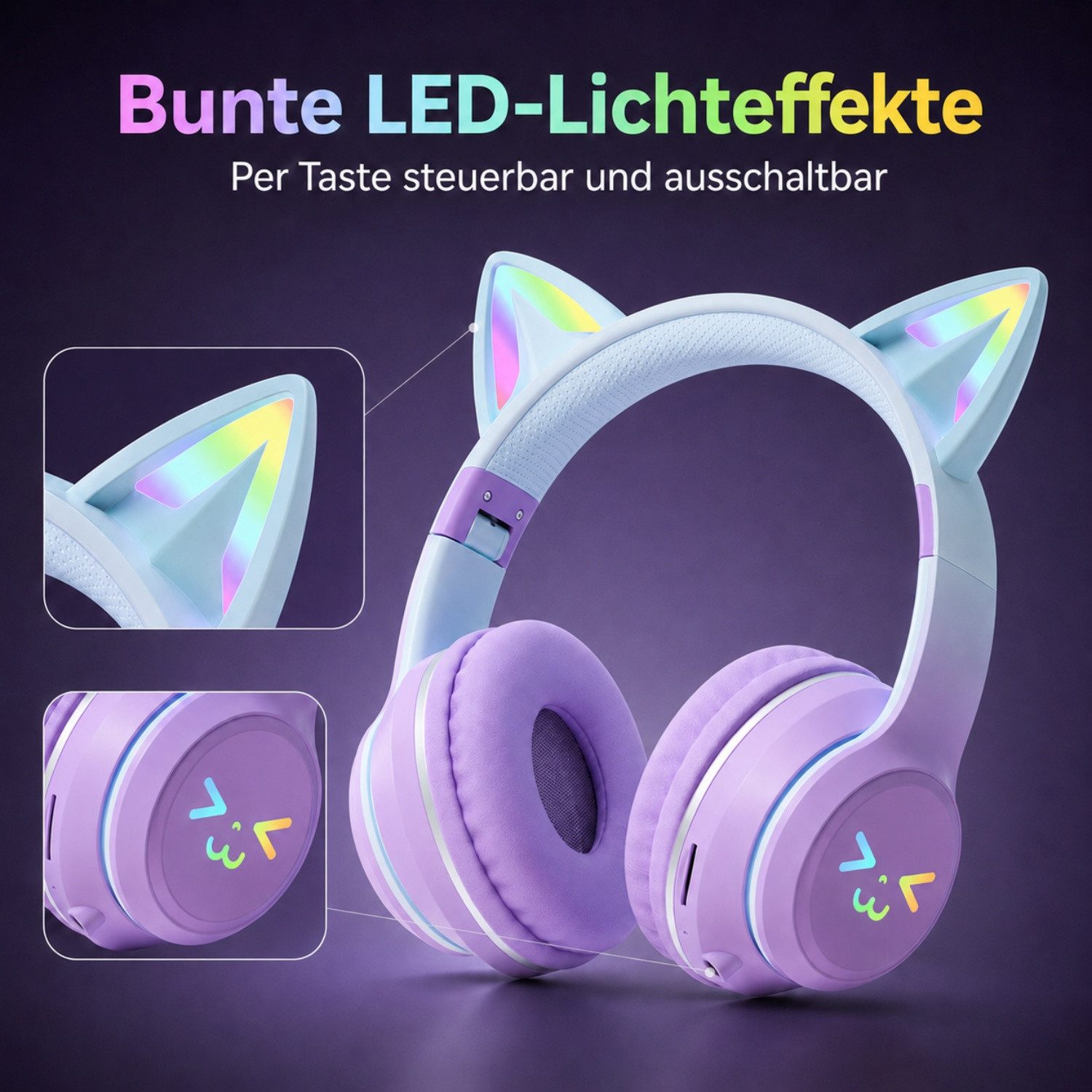 ANYSUN Bluetooth Kopfhörer,RGB-LED-Leuchten,Bluetooth 5.1,HiFi Sound, Over-Ear-Kopfhörer (Bluetooth, 60dB Rauschunterdrückung,Einstellbar,Kopfhörer Bluetooth für Reise)