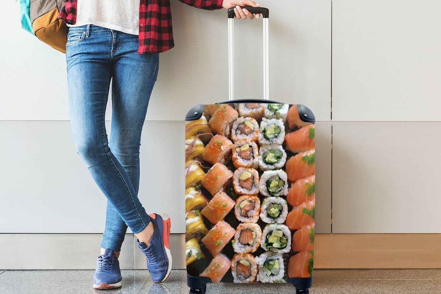 MuchoWow Handgepäck Trolley, Ferien, Rollen, 4 Sushi-Vielfalt, Handgepäckkoffer mit Reisekoffer Reisetasche rollen, für