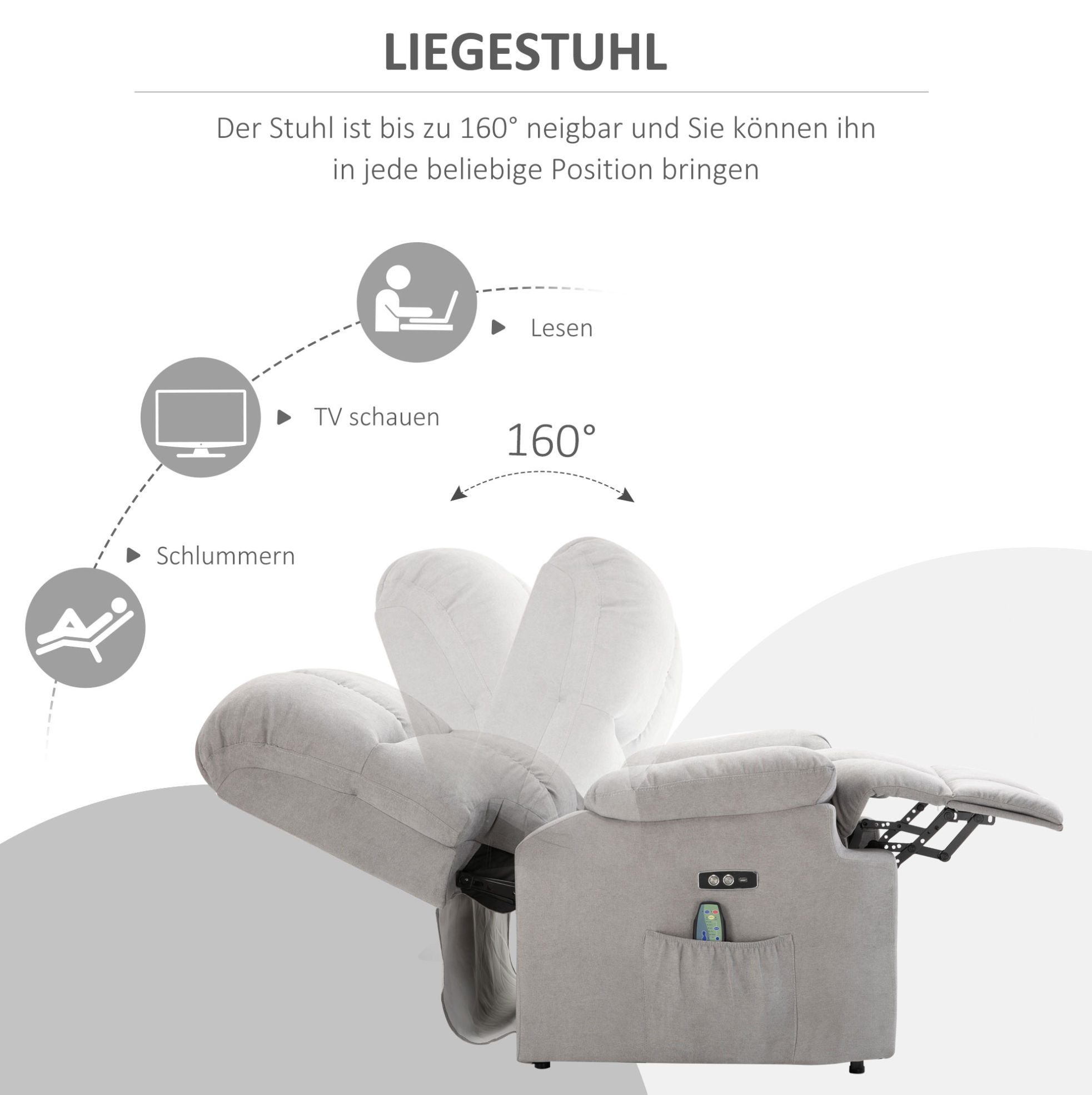 MODFU Massagesessel Fernsehsessel Massagesessel mit Aufstehhilfe Relaxsessel (Packung, 1-St., Liege- und Wärmefunktion, USB Anschluss, verstellbare Position), Grauer Kurzplüsch 83 x 95 x 105 cm, TV Sessel Wohnzimmer