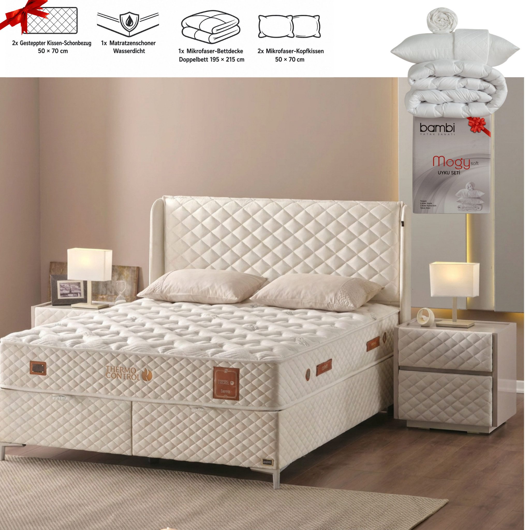 Bambi Boxspringbett mit Taschenfederkernmatratze Polsterbett Stauraumbett inkl. Lieferung (Set, 2 Bettkästen + Matratze + Kopfteil (Nachttisch optional), inkl. Lieferung