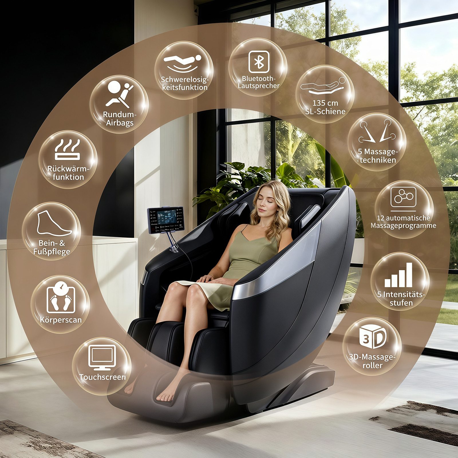 HealthRelife Massagesessel 3D mit 135 cm langer SL-Schiene & automatischem Körperscan (1-St), 28 Luftkammern, Rückenheizung, Touchscreen & Bluetooth