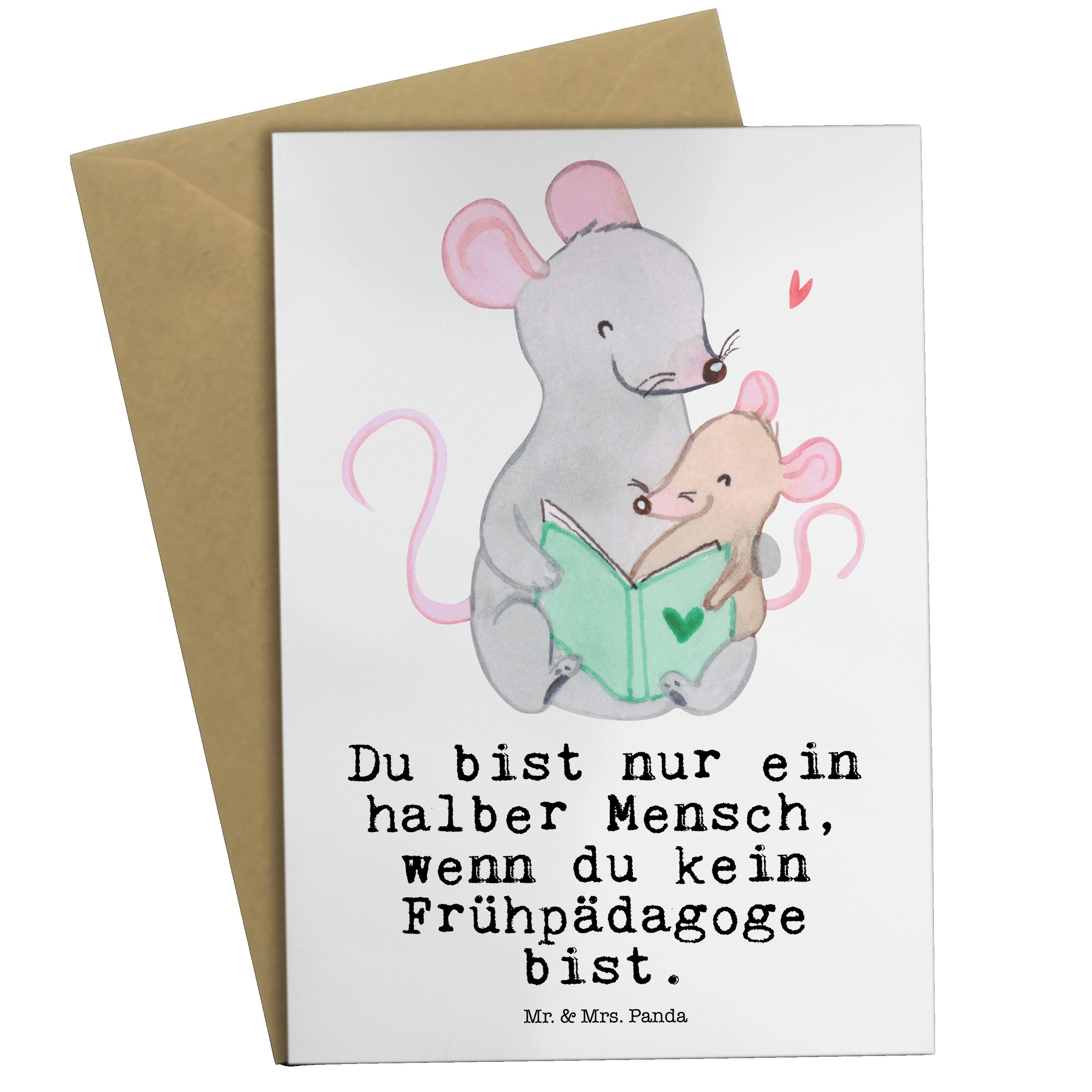 Mr. & Mrs. Panda Grußkarte Frühpädagoge mit Herz - Weiß - Geschenk, Klappkarte, Dankeschön, Früh