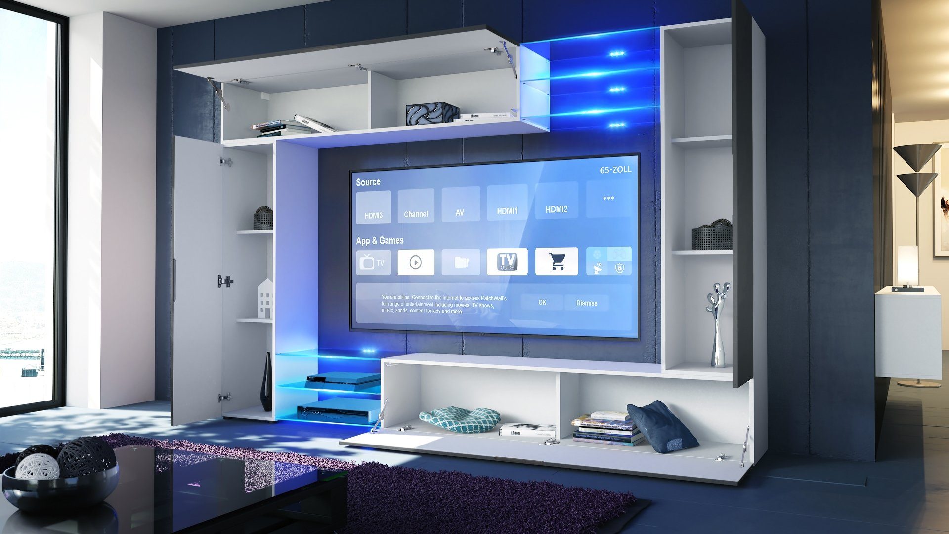 Vladon Wohnwand Mirage, (Anbauwand mit Rückwand mit 2 Türen, 2 Klappen und 6 offenen Glasablagen), Weiß matt/Brombeer Hochglanz (262 x 183 x 39 cm)