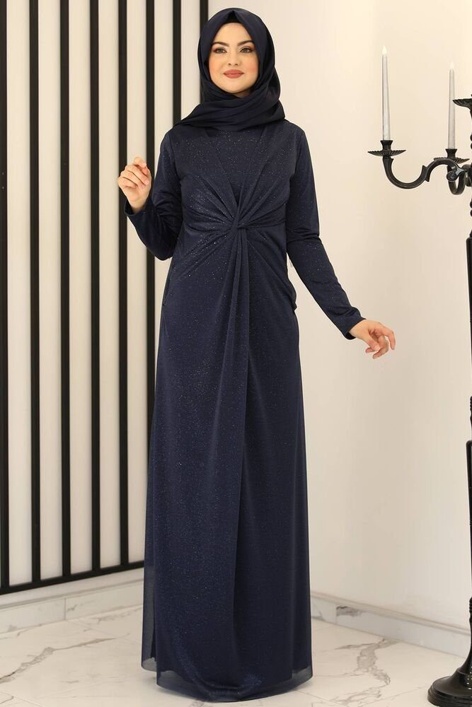 Modavitrini Abendkleid Damen Maxikleid Abiye Abaya langärmliges Hijab Kleid Modest Fashion silbriger glänzender Stoff Navy Blau