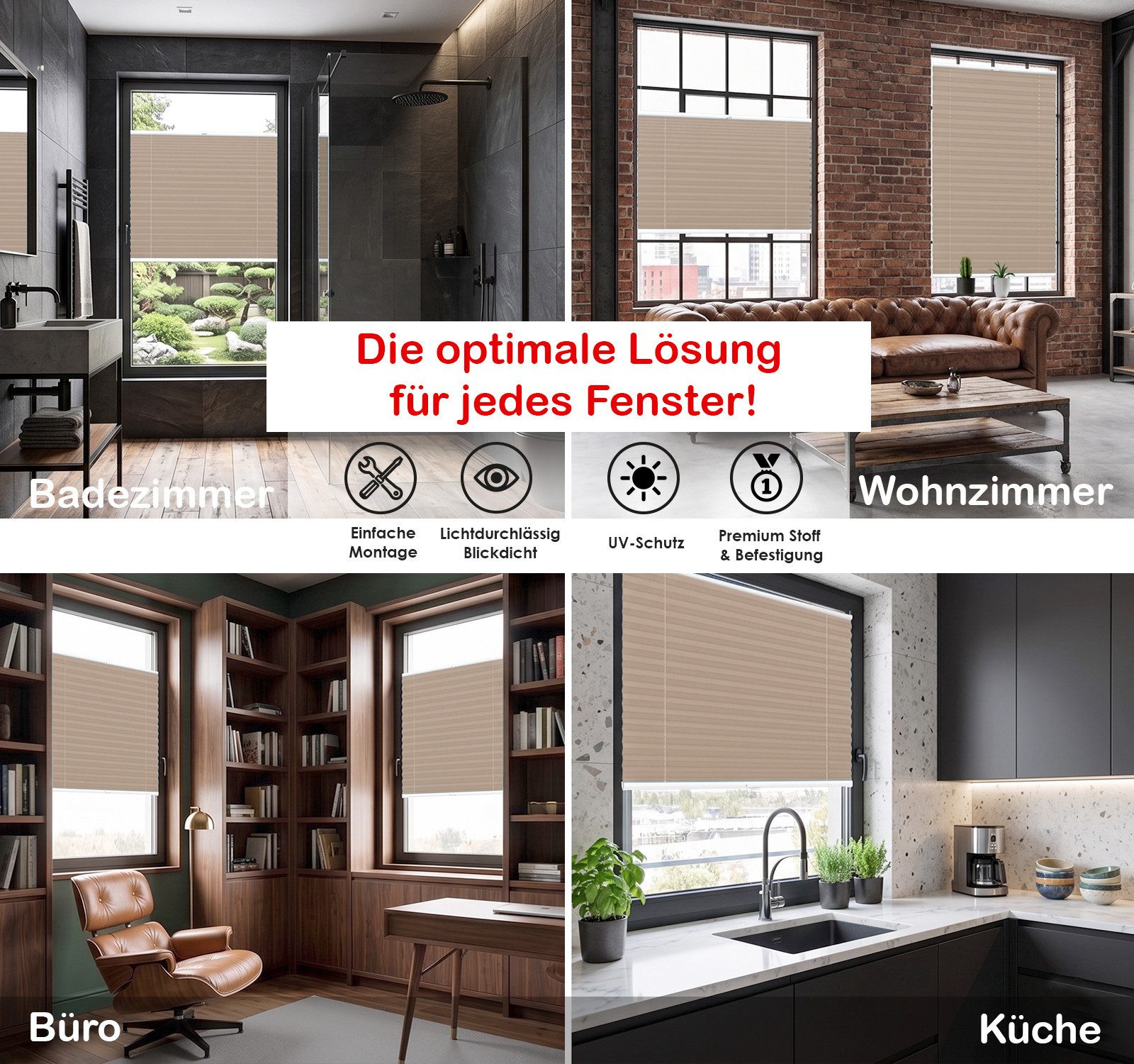 Rikmani Plissee Klemmfix ohne Bohren Graubeige 40x100 cm, blickdicht, Klemmfix, Sichtschutz, Sonnenschutz, einfache Montage, Stufenlos verstellbar
