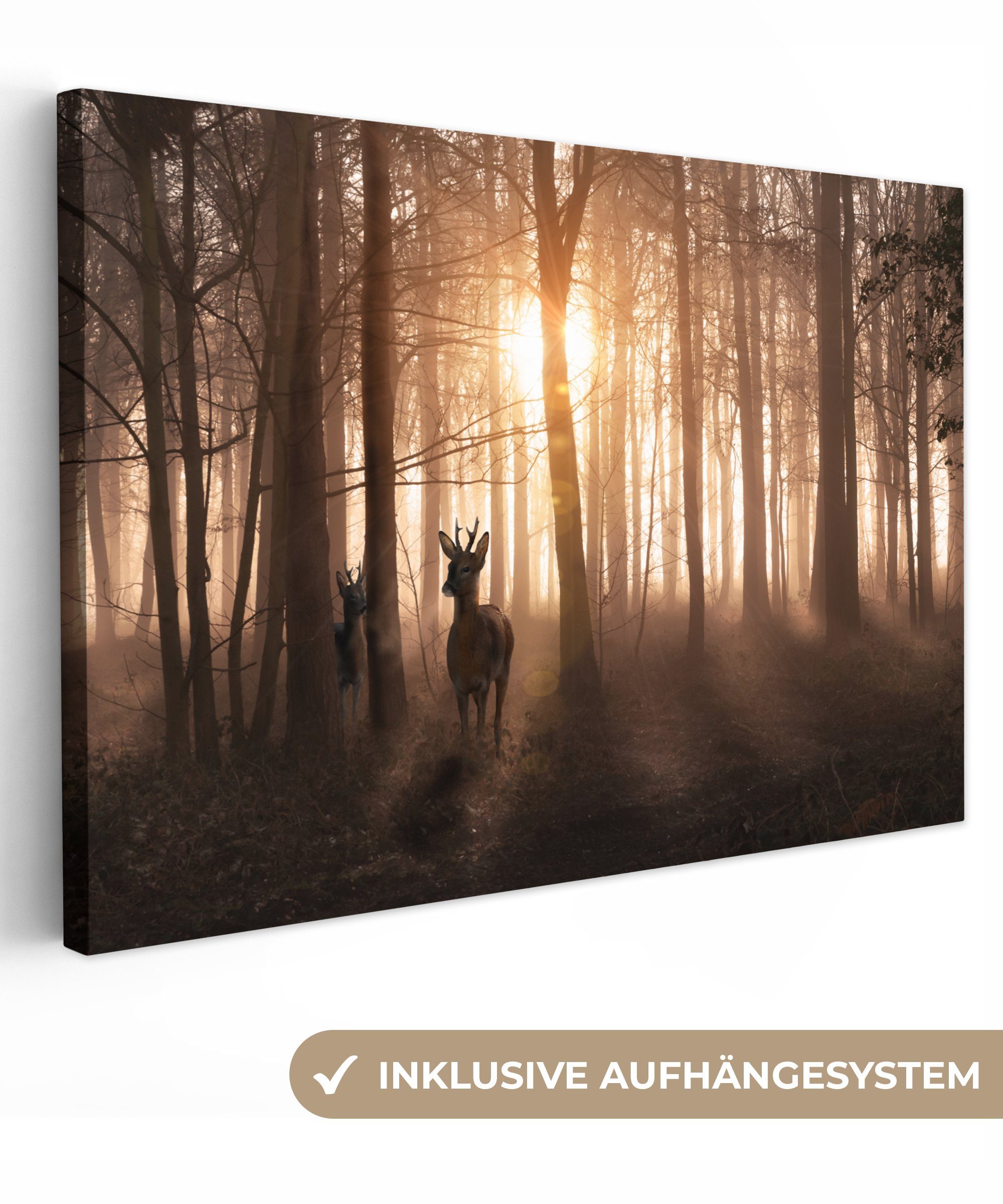 OneMillionCanvasses® Leinwandbild Wald - Hirsche - Sonne - Bäume - Winter - günstig online kaufen