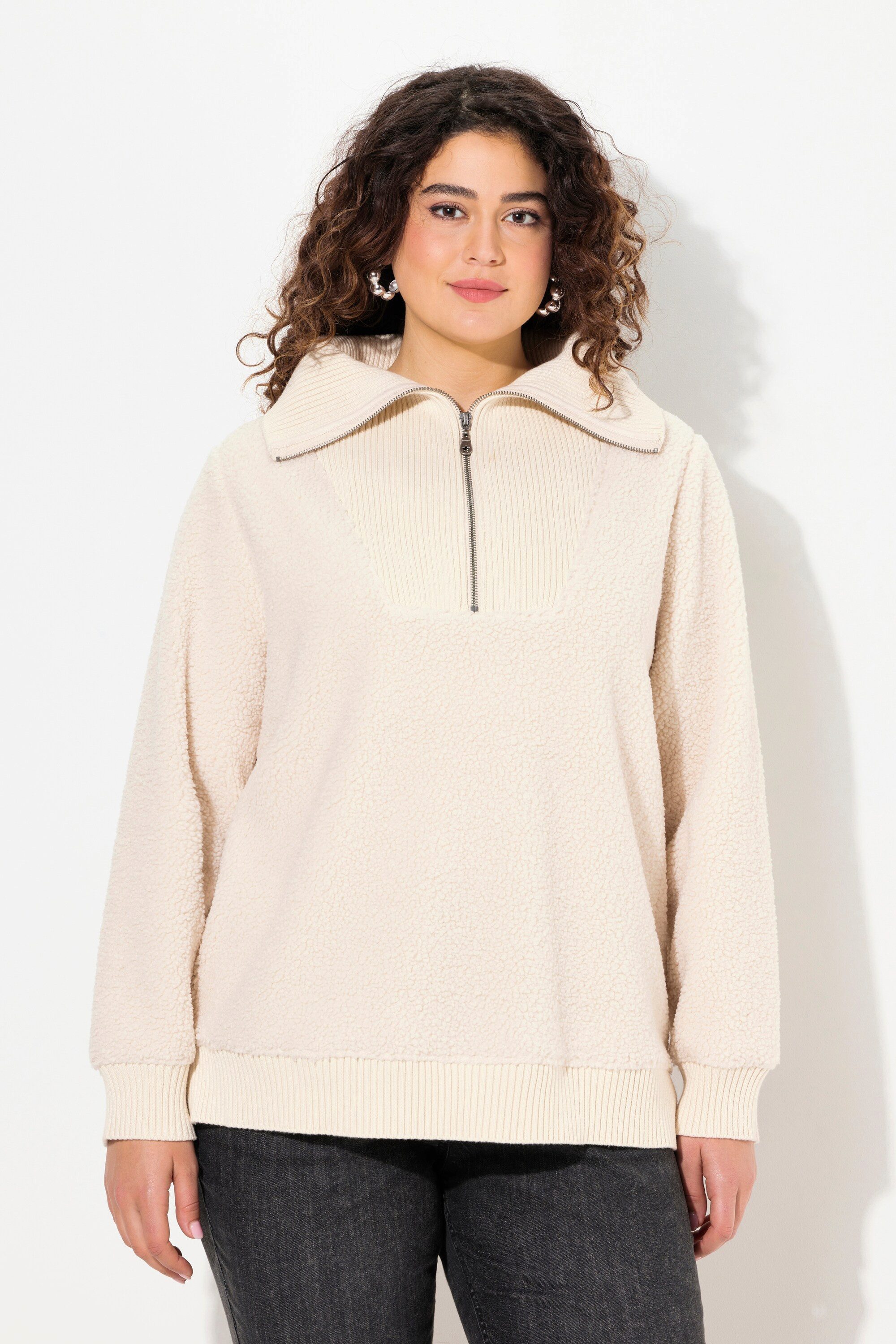 Ulla Popken Sweatshirt Troyer Teddyfleece Stehkragen günstig online kaufen