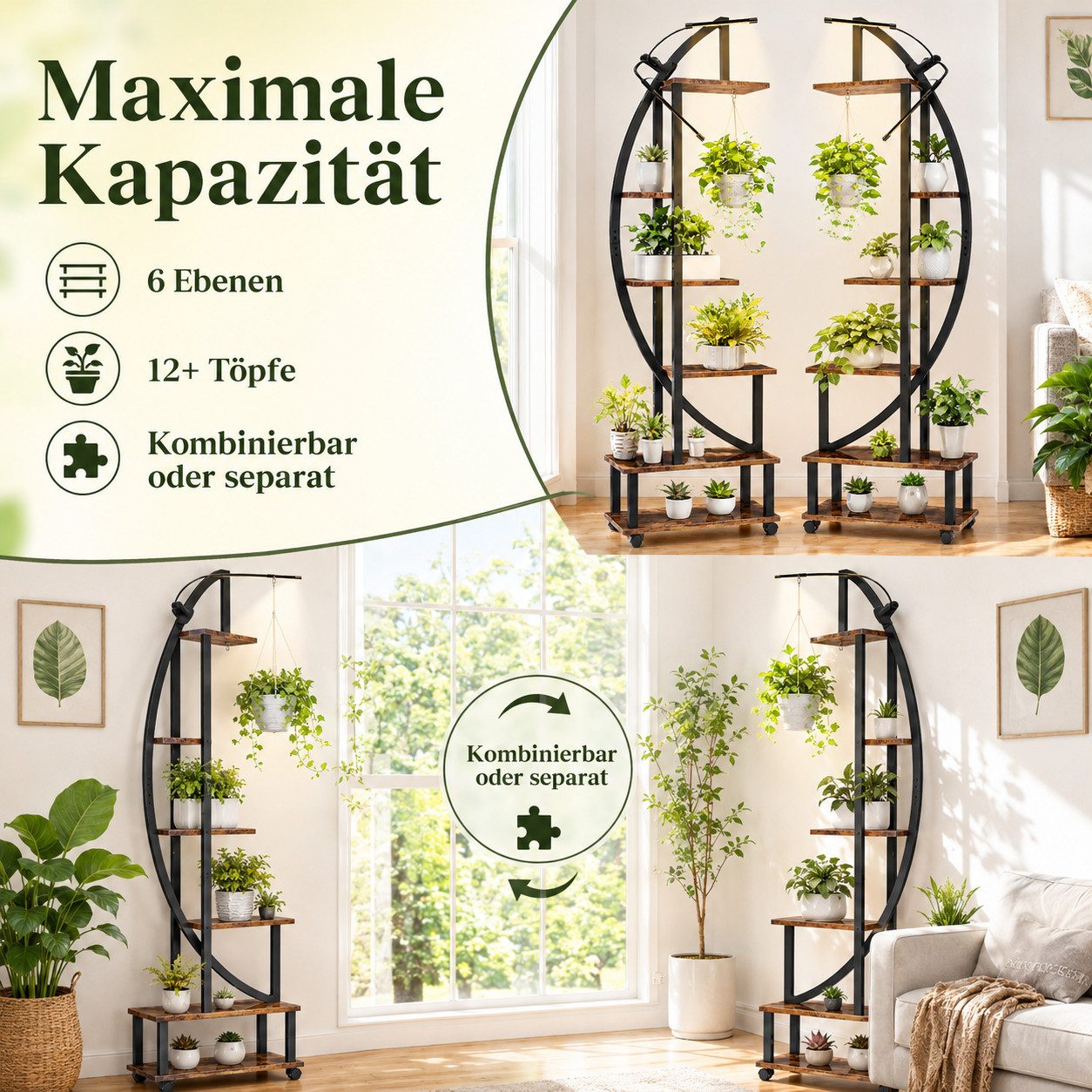 Rosnek Pflanzentreppe Pflanzenständer mit 6 Etagen, Metall, mit Licht, Halbmondform, 2er-Set, Mehrzweck-Pflanzenständer für Heimdekoration, Balkon, Terrasse, Garten