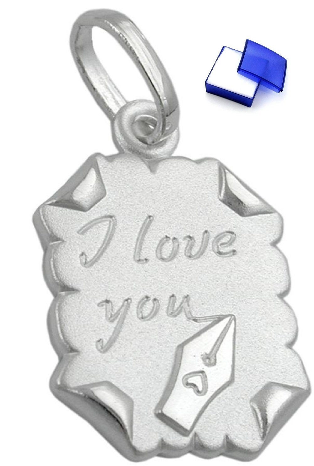 Valentinstagsgeschenk unbespielt Kettenanhänger Anhänger Brief - I Love you - 925 Silber 22 x 15 mm kl. Schmuckbox, Silberschmuck für Damen und Herren
