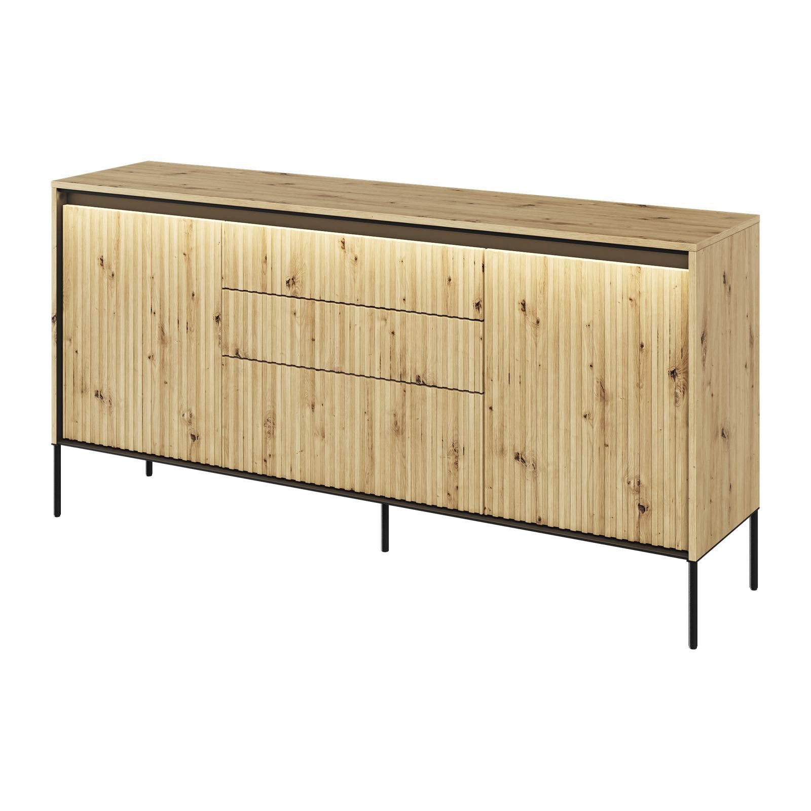 HAUSELEMENT Kommode TREND TR-01, 3 Schubladen 2 Türen LED-Beleuchtung Sideboard 166 cm Modern Geriffelt