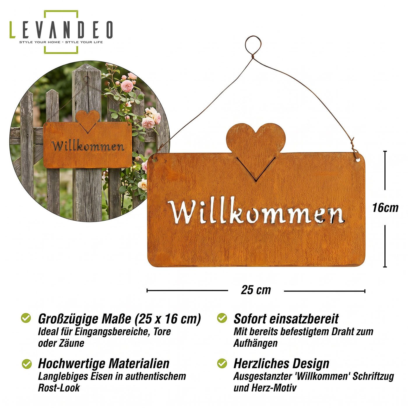 Levandeo® Metallbild, Willkommen Türschild Rost 25x16cm Gartendeko Eisen Gartenschild
