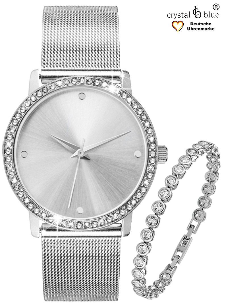 Quarzuhr Damenuhr Mesh & Tennisarmband silber mit cubic Zirkonia Kristallen