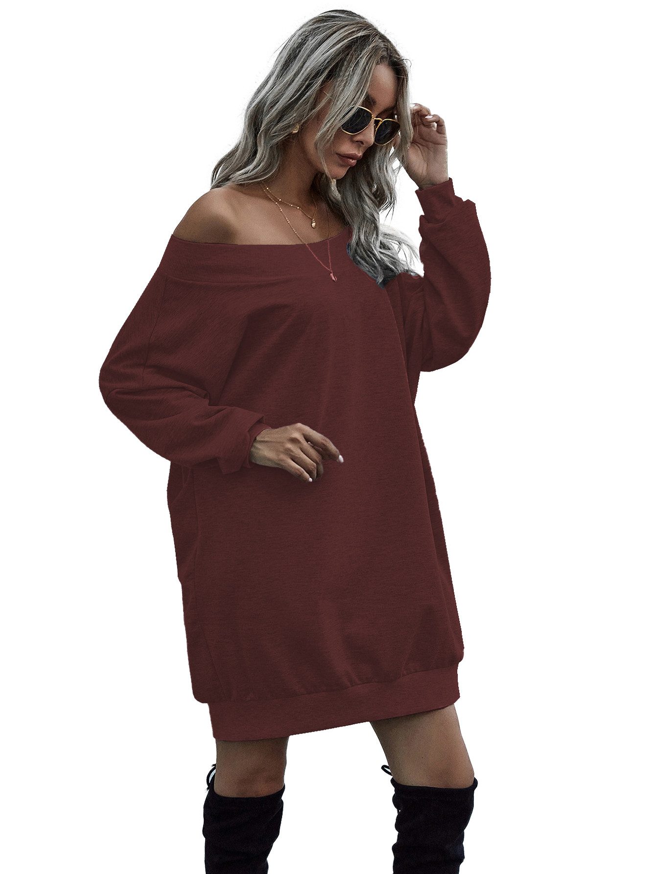 enflame Longpullover Off-Shoulder Long Oversized Dress French Terry French Terry Longsleeve Dress