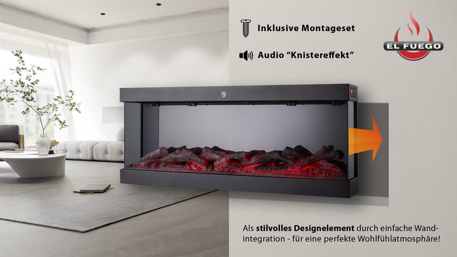 El Fuego Elektrokamin El Fuego® „Cannes“ 3D Wandkamin, 122 cm, Wandintegrat günstig online kaufen