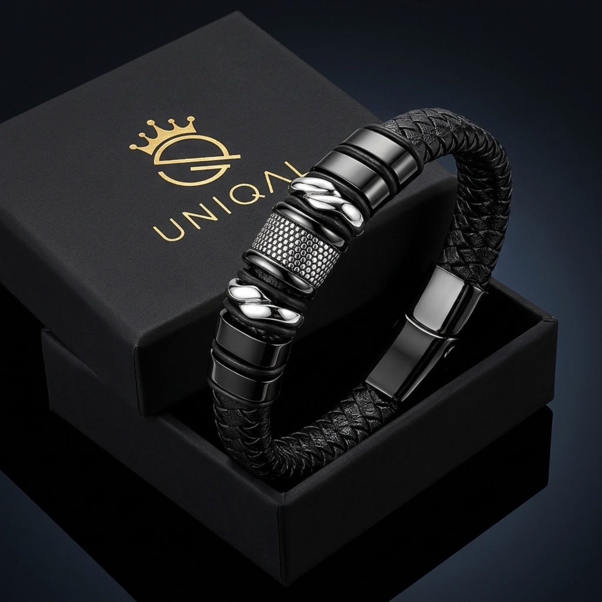 UNIQAL.de Lederarmband „MAMBA“ – Maskulines Design in Schwarz & Silber (Echtleder, Edelsthal, Magnetverschluss mit Verlängerungsglied, perfektes Geschenk, Bewäh – Bild 2 von 5
