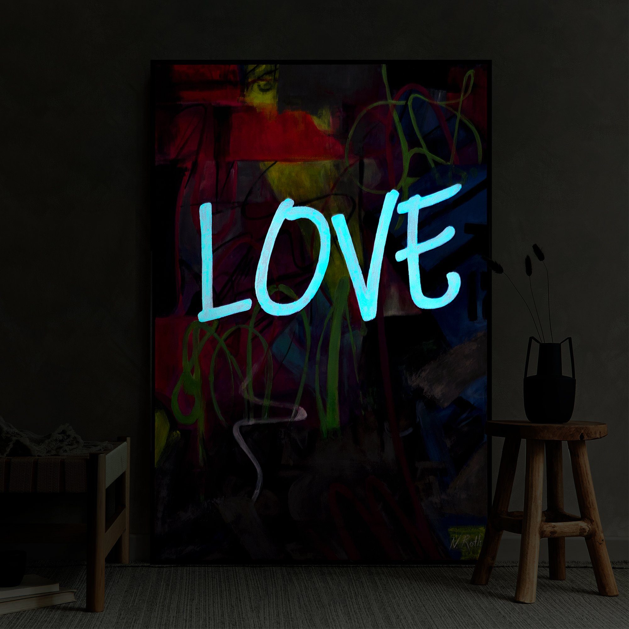 Gemälde Abstraktion Rahmen Love, in YS-Art Schwarz Mit