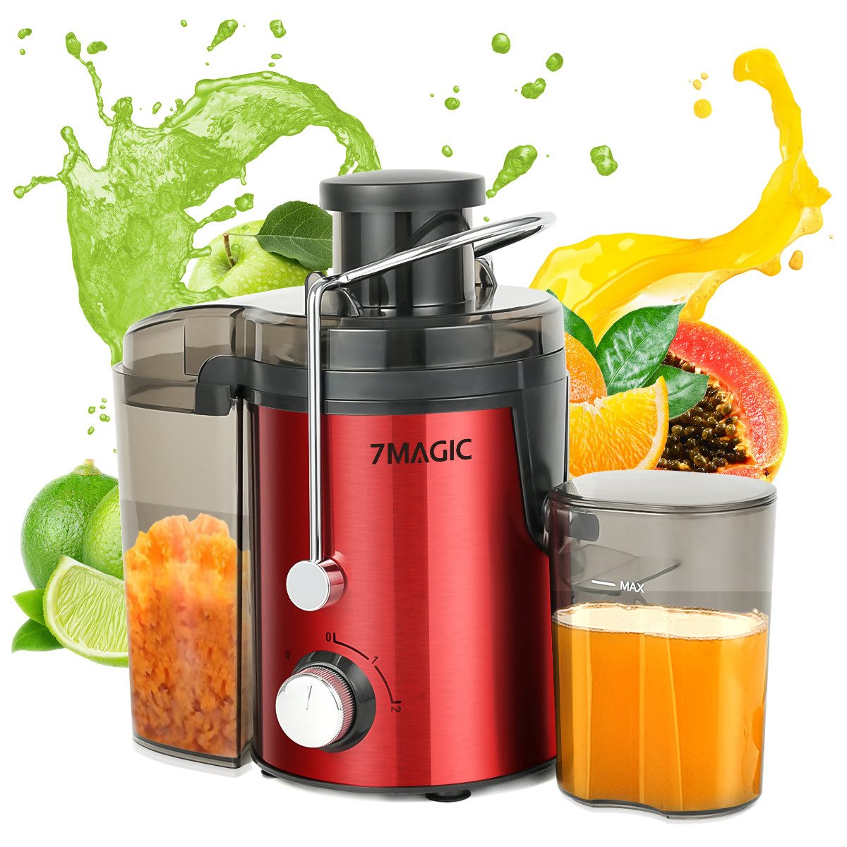 7MAGIC Entsafter Saftpresse Elektrisch, Zentrifugaler, 2 Geschwindigkeiten + Pulsmodus, 400 W, aus Edelstahl, Mit Saft- und Tresterbehälter für Obst- und Gemüsesäfte