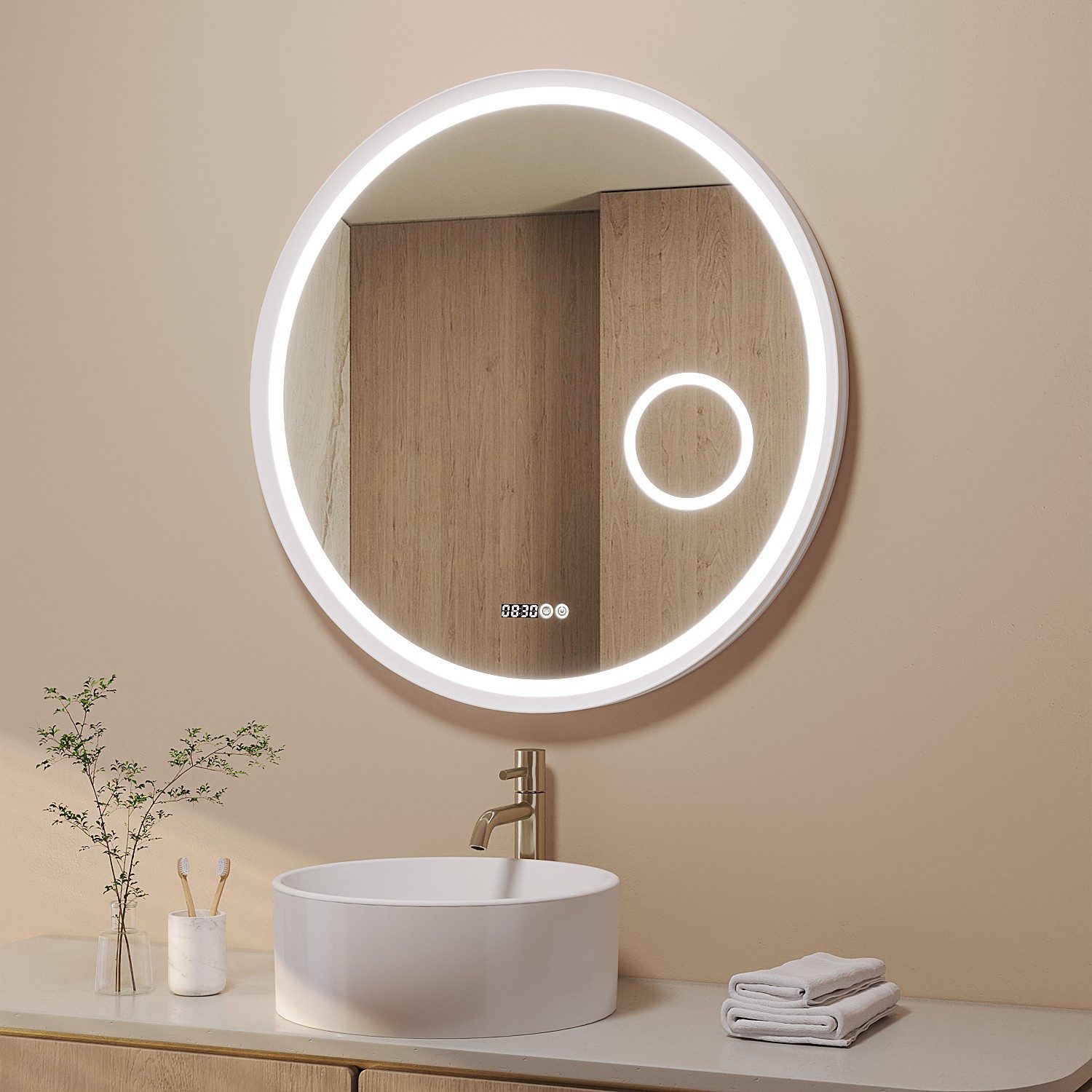 AQUABATOS Badspiegel Rund mit LED Beleuchtung 80 cm Wandspiegel dimmbar Badezimmerspiegel, 3-fach-Vergrößerung Kosmetikspiegel, Touch, Anti-Beschlag, Uhr, IP44 – Bild 2 von 5