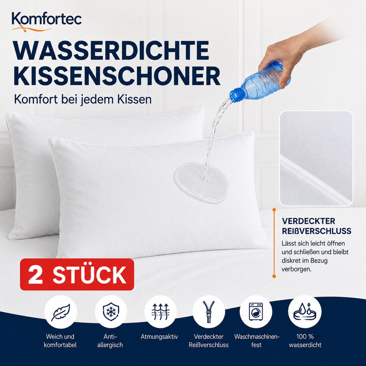 Komfortec Kissenbezüge Wasserdichter Kissenbezug Set, Hypoallergen Kopfkissenbezüge, (2 Stück), 40x80 cm mit Reißverschluss, Atmungsaktiv, Anti-Milben Kissenschoner