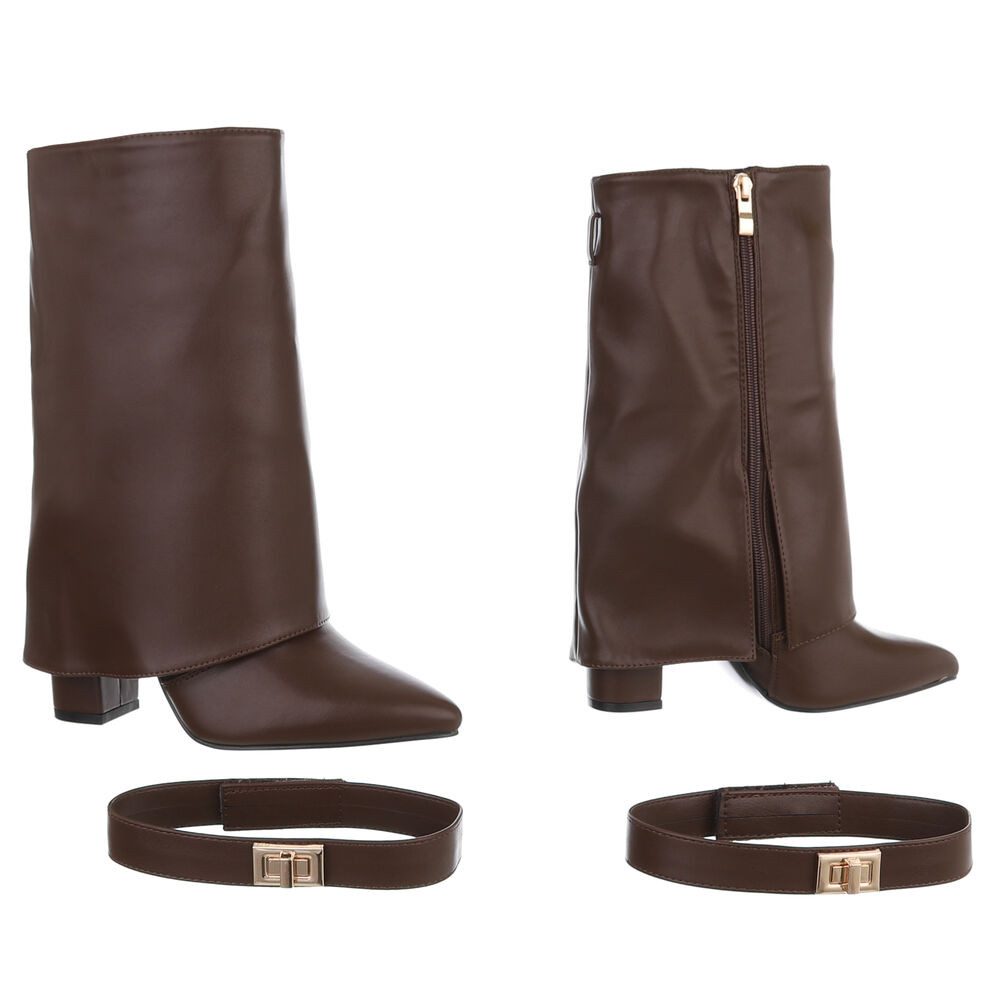 Ital-Design Elegante Stiefeletten mit umgeschlagenem Schaft für Damen High-Heel-Stiefel (90169664) Blockabsatz Stiefel in Braun