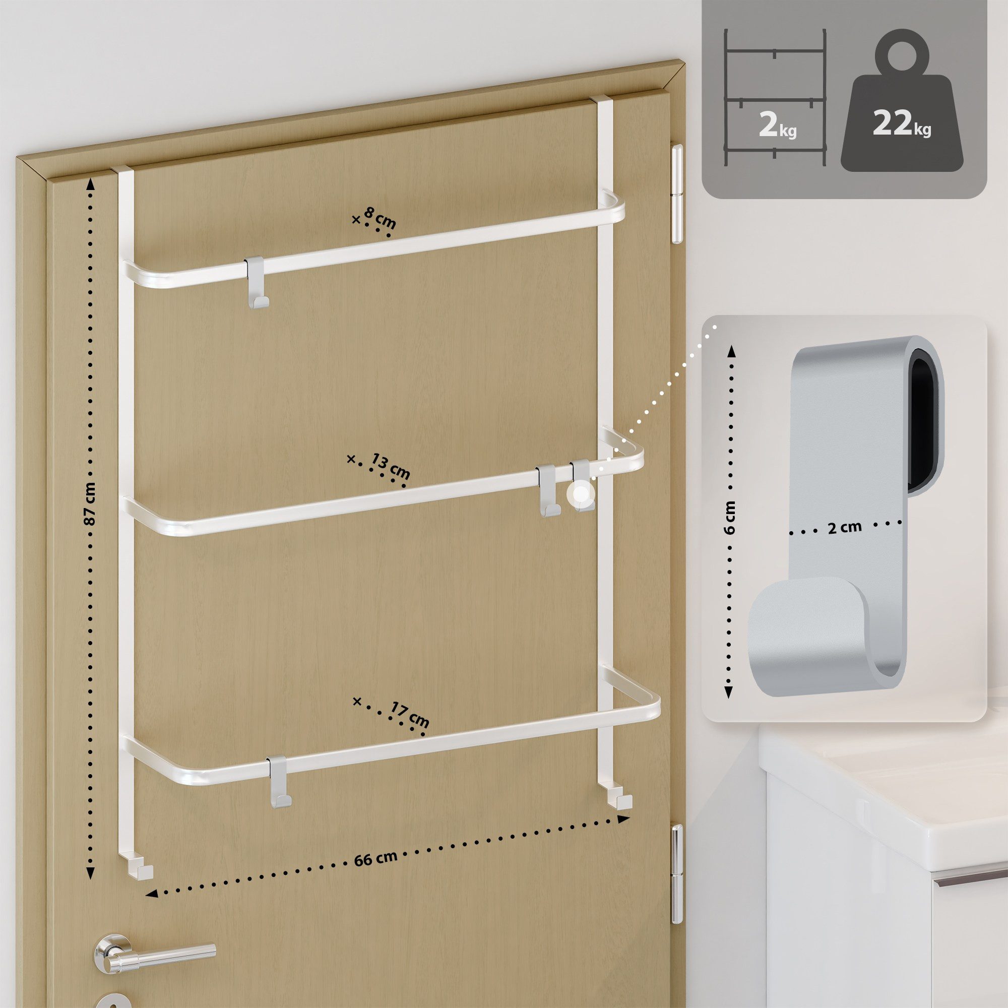 CLP Handtuchhalter Lenexa, Tür-Hängeregal aus Metall, 3 Stangen und 4 Haken günstig online kaufen