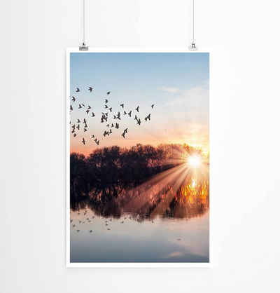 Sinus Art Poster Landschaftsfotografie 60x90cm Poster Vogelschwarm über einem See bei Sonnenuntergang