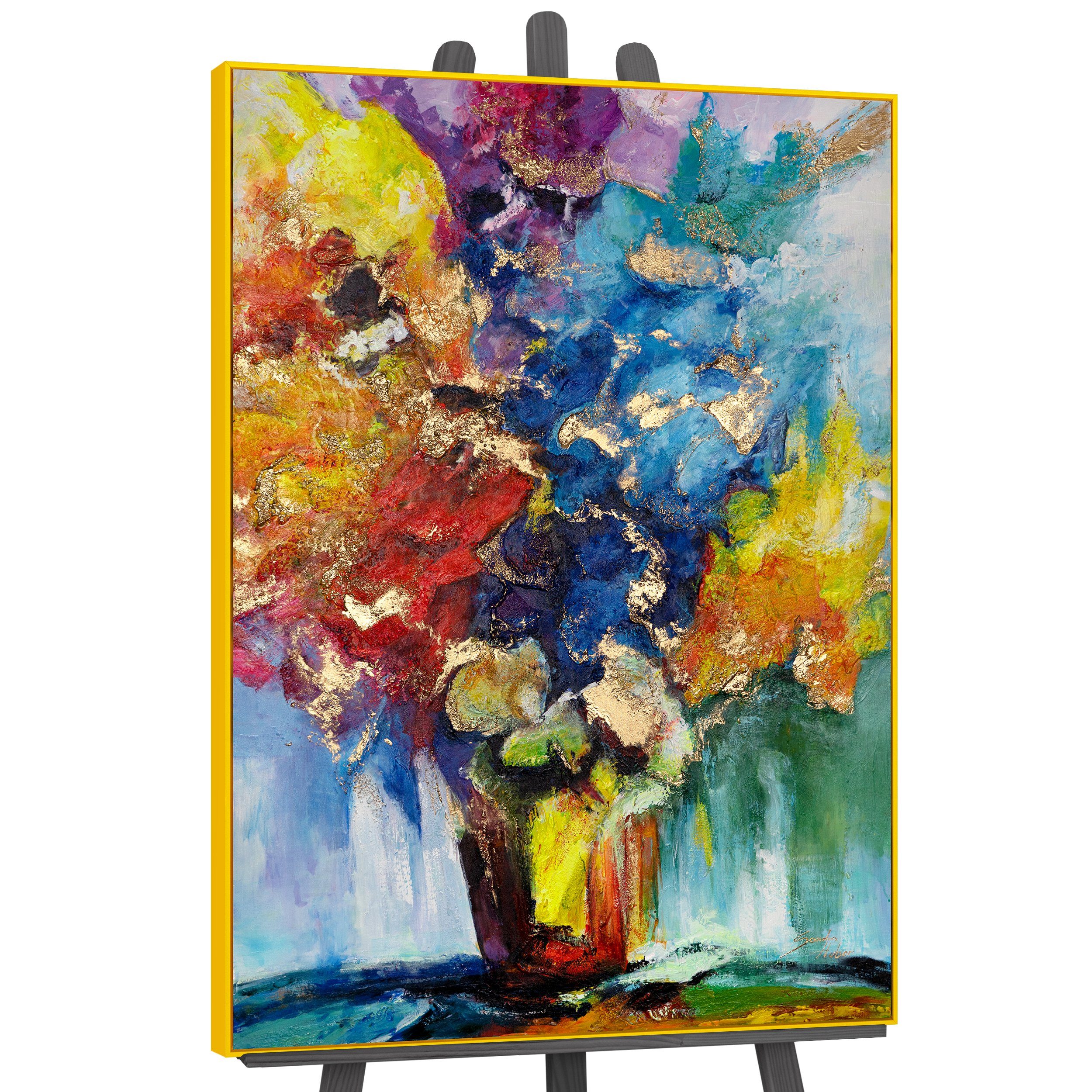 YS-Art Gemälde Sonnenblumenstrauß, Blumen, Blumen in einer Vase in bunten Farben im Schattenfugenrahmen