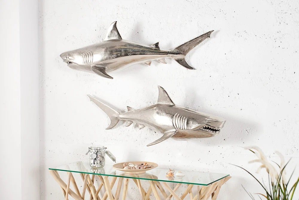LebensWohnArt Dekoobjekt Wanddeko 2er Set Haifisch 70cm SHARK silber Aluminium Maritim