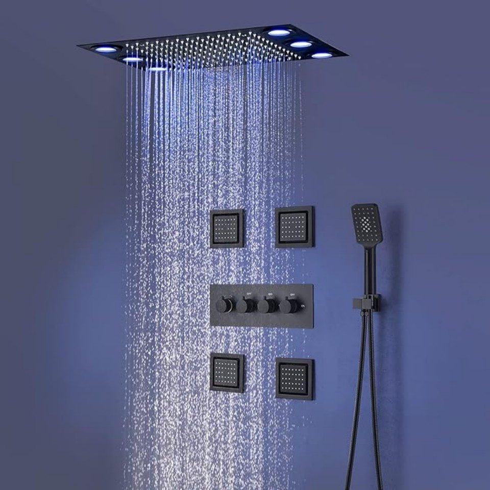 Oihpaw Duschsystem 3 Funktion LED Thermostat Duschset,360x500mm, 1 tlg., RGB Brauseset, 4 Zoll Seitenstrahl,Handbrause,Regenmodus
